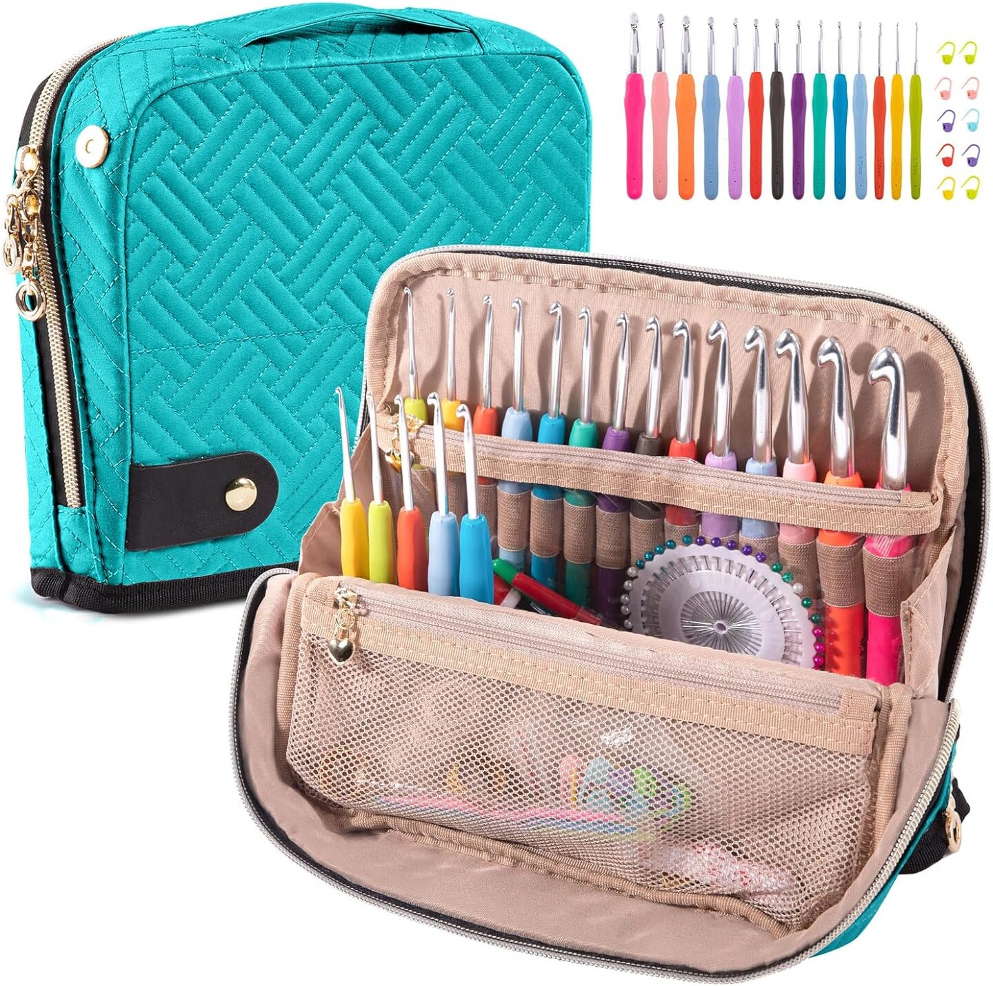 Crochet Hook Case with 14 Size Crochet Hooks Set 2mm(B)-10mm(N) Ergonomic Crochet Hooks with Crochet Case Stand Up - Crochet Hook Organize for Crochet Lovers, Crochet Kit for Beginners