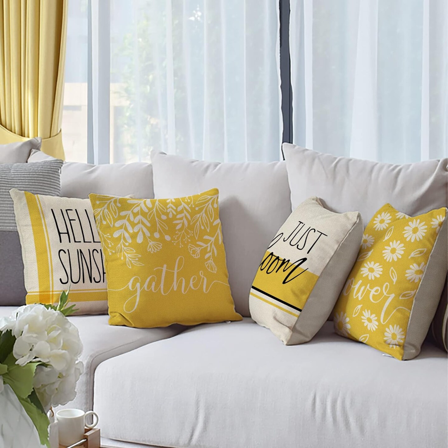 Hello Sunshine Decorative Throw Pillow Cover 20 x 20 Set of 4, Spring Summer Yellow Daisy Floral Flower Porch Patio Outdoor Pillowcase, Just Bloom Gather Sofa Couch Cushion Case