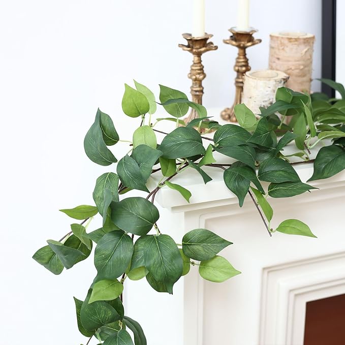 2 Strands Artificial Scindaps Vines Garland 73&#x22; Fake Vine with Silk Green Leaves Faux Hanging Plants Greenery Decoration for Bedroom Wall Party Wedding Apartment Room Decor (Scindapsus)