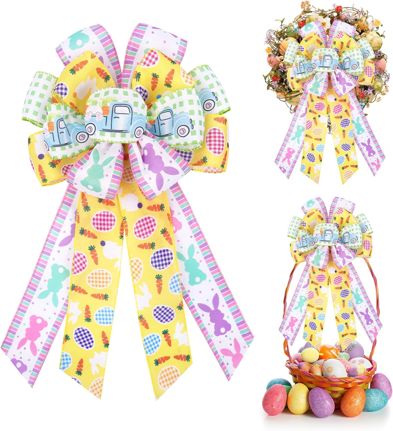 Easter Bows for Wreaths, Large Easter Basket Bow Decorations with Bunny Colorful Eggs, Yellow Green Burlap Bow for Front Door, Indoor, Outdoor Decora