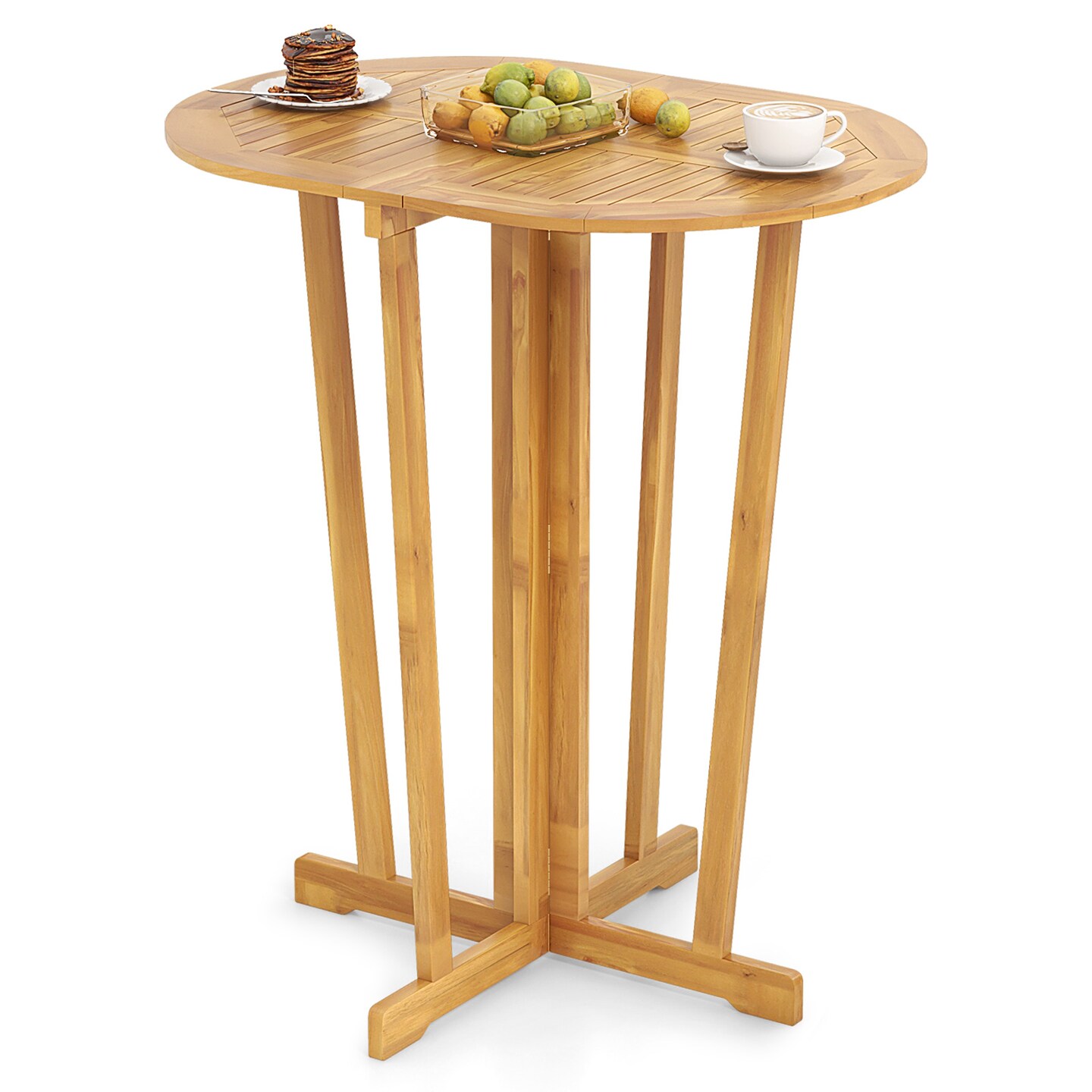Natural Teak Wood Folding Bar Table with Oval Top, Cross Base and Space-Saving Design