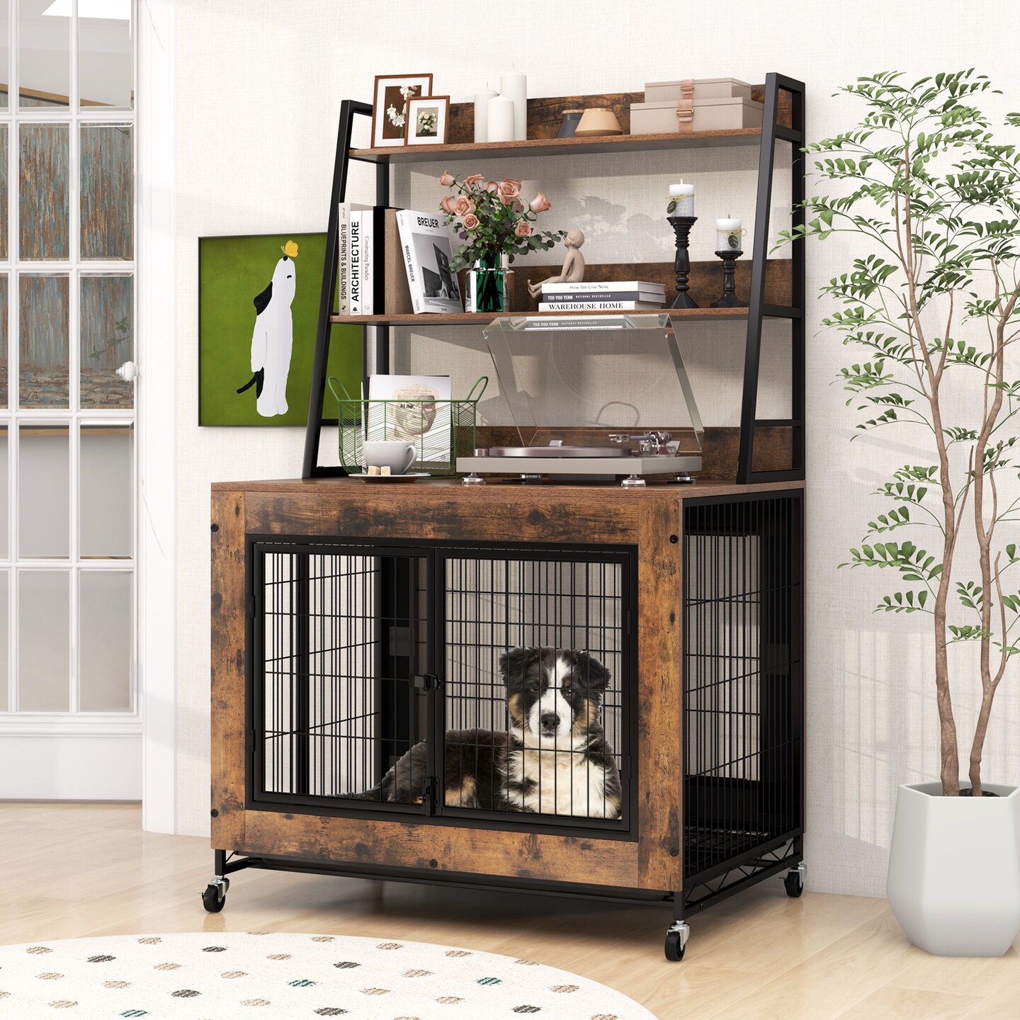 MDF Metal Dog Crate with Storage Shelves and Wheels and Flip-Top