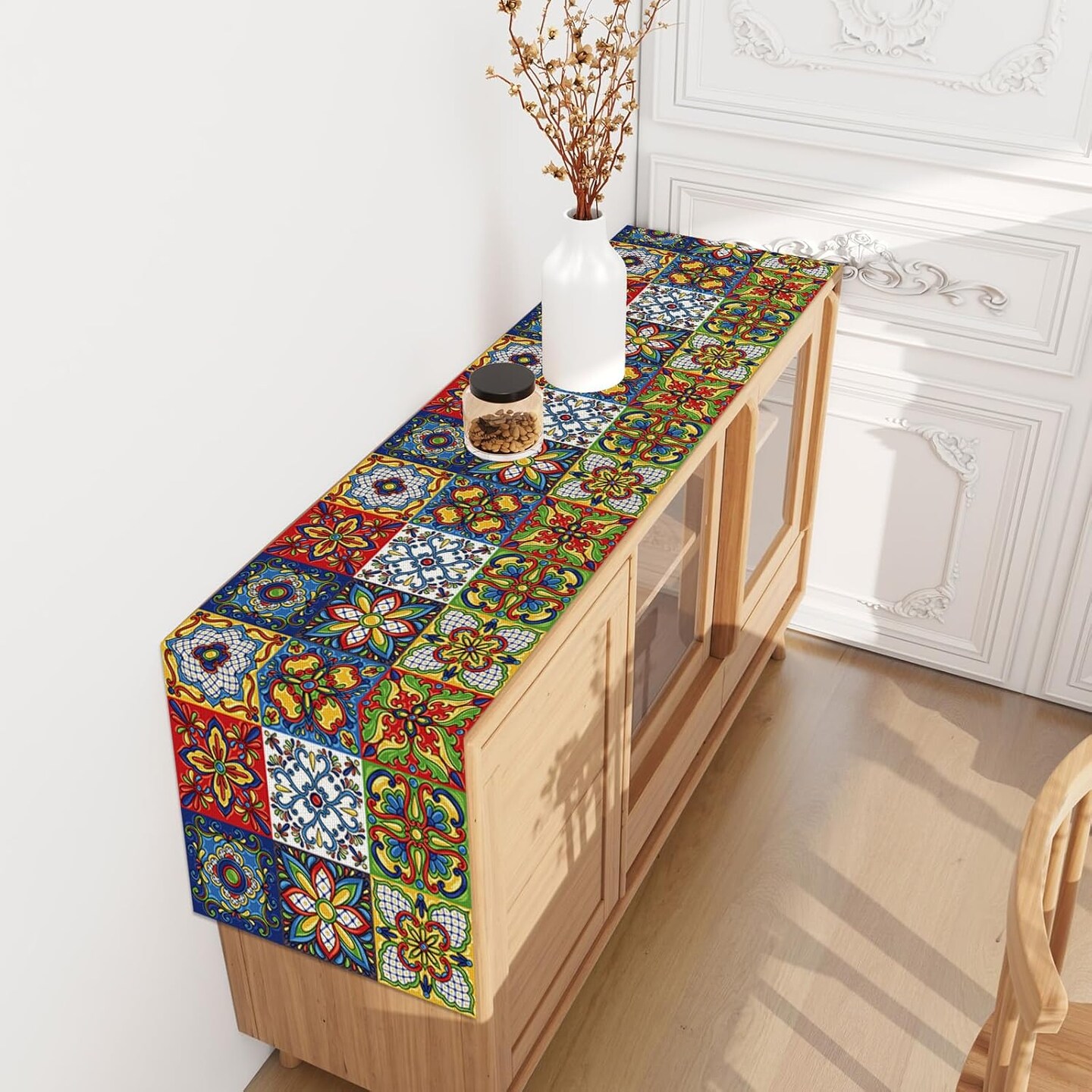 Linen Mexican Talavera Ceramic Tile Table Runner 72 Inches Long Mexican Fiesta Tablecloth Cinco De Mayo Party Decoration and Supplies for Table