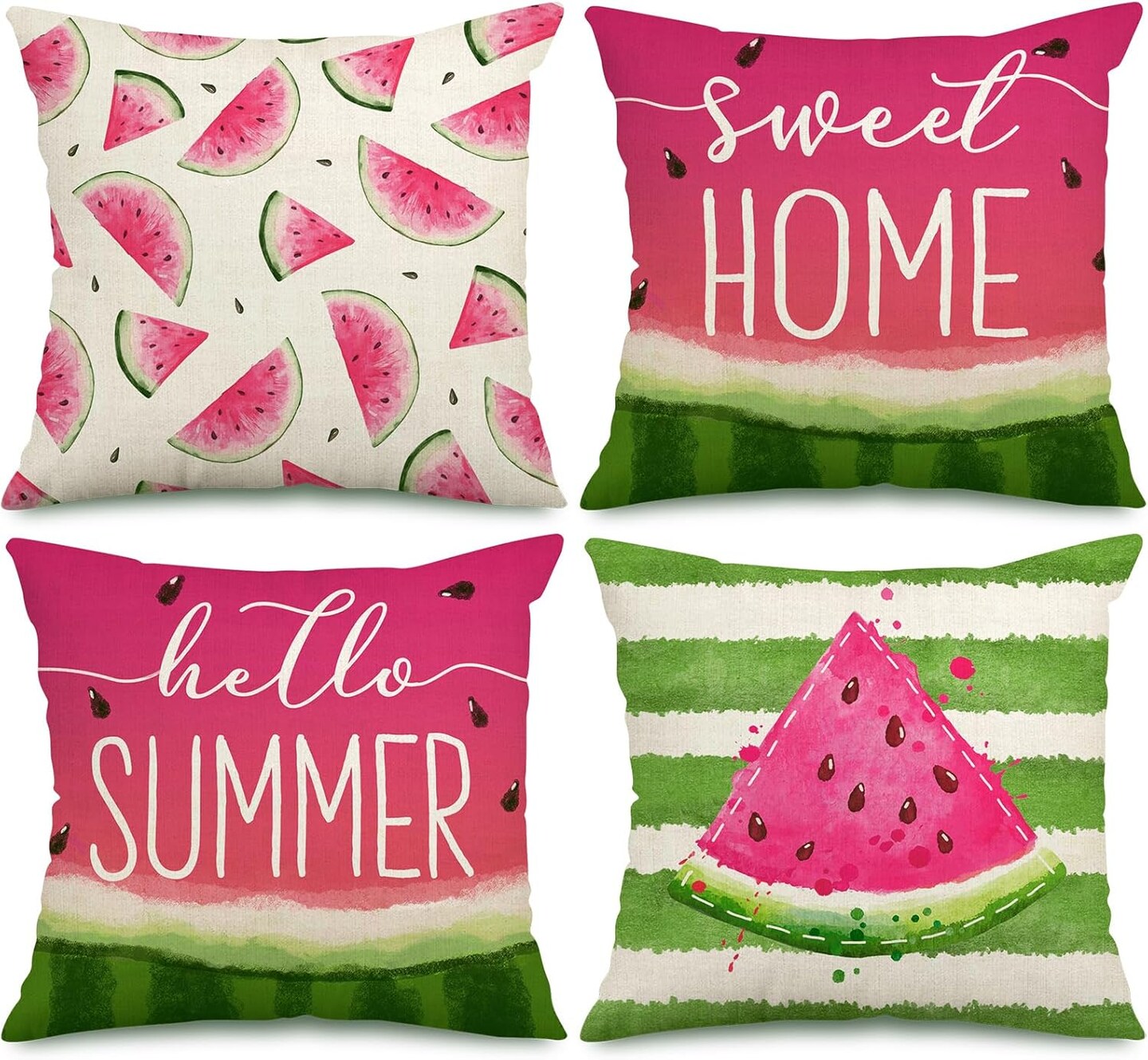 Summer Throw Pillow Covers Watercolor Watermelon Pillow Case 18 x 18 Inch Fruit Sweet Home Cushion Case for Home Indoor Outdoor Sofa Couch Office Decoration, Set of 4