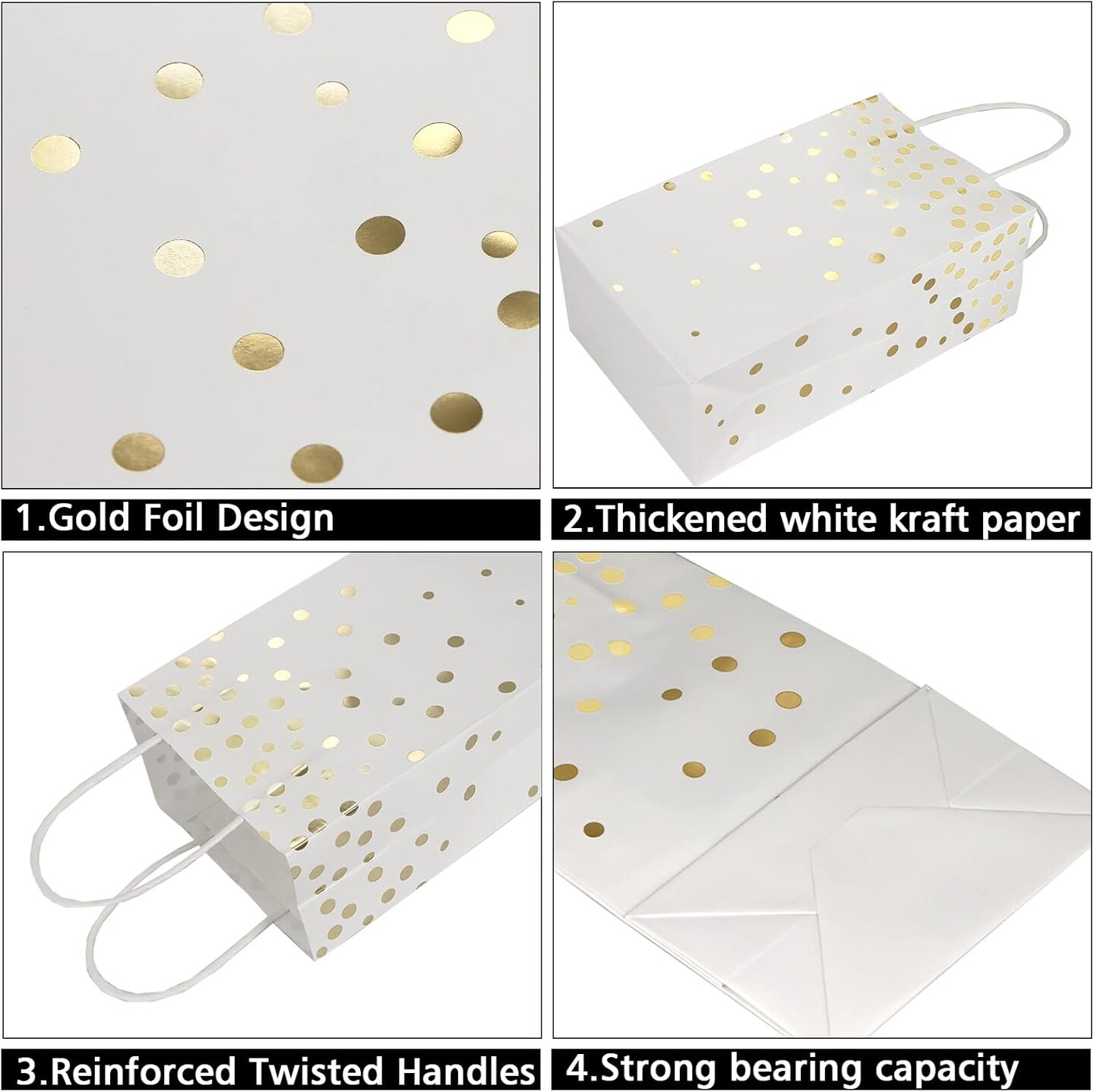 White and Gold Foil Paper Gift Bags with Handles, 25 Pieces Party Favor Bags Birthday Bags