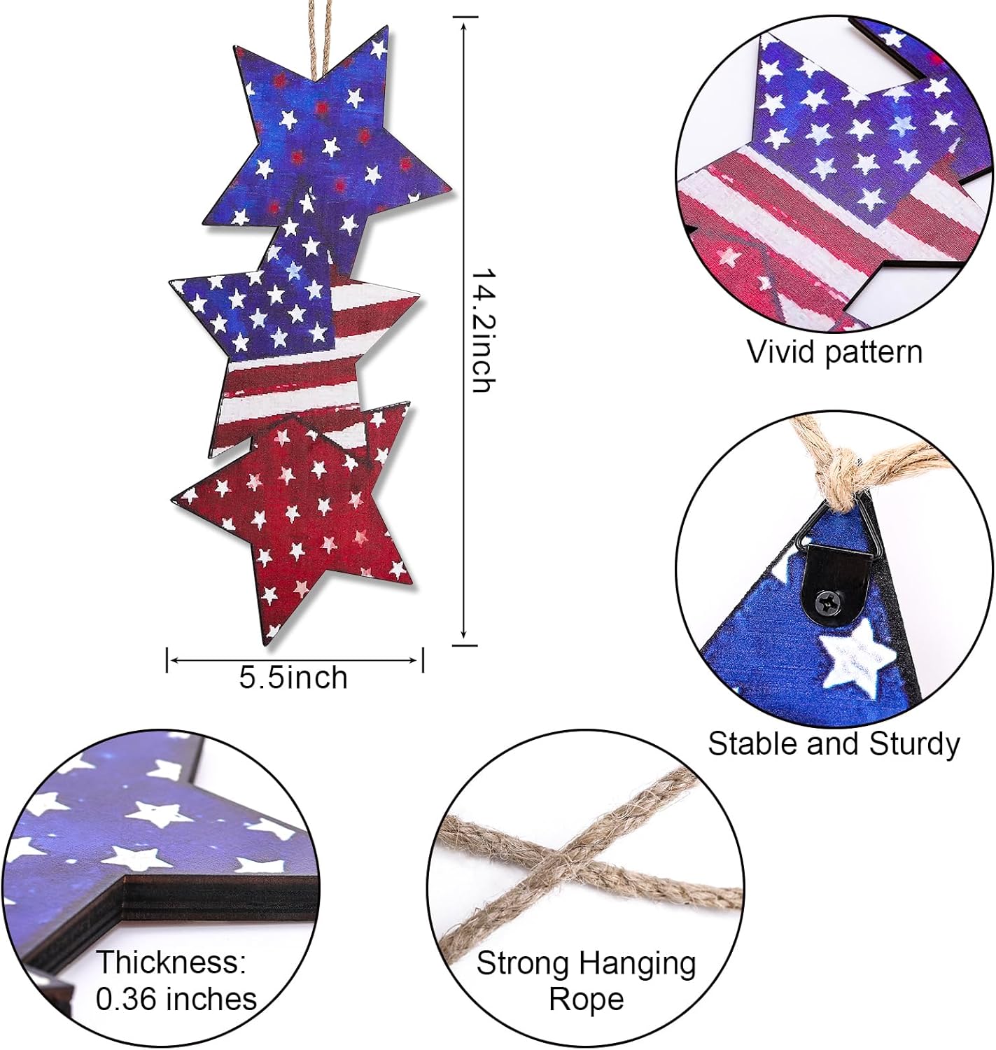 4th of July Hanging Door Sign Wooden Double Sided Patriotic Door Hanger Fourth of July Wall Decor Patriotic Stars USA Stars Porch Signs Independence Day Wall Hanging Memorial Day