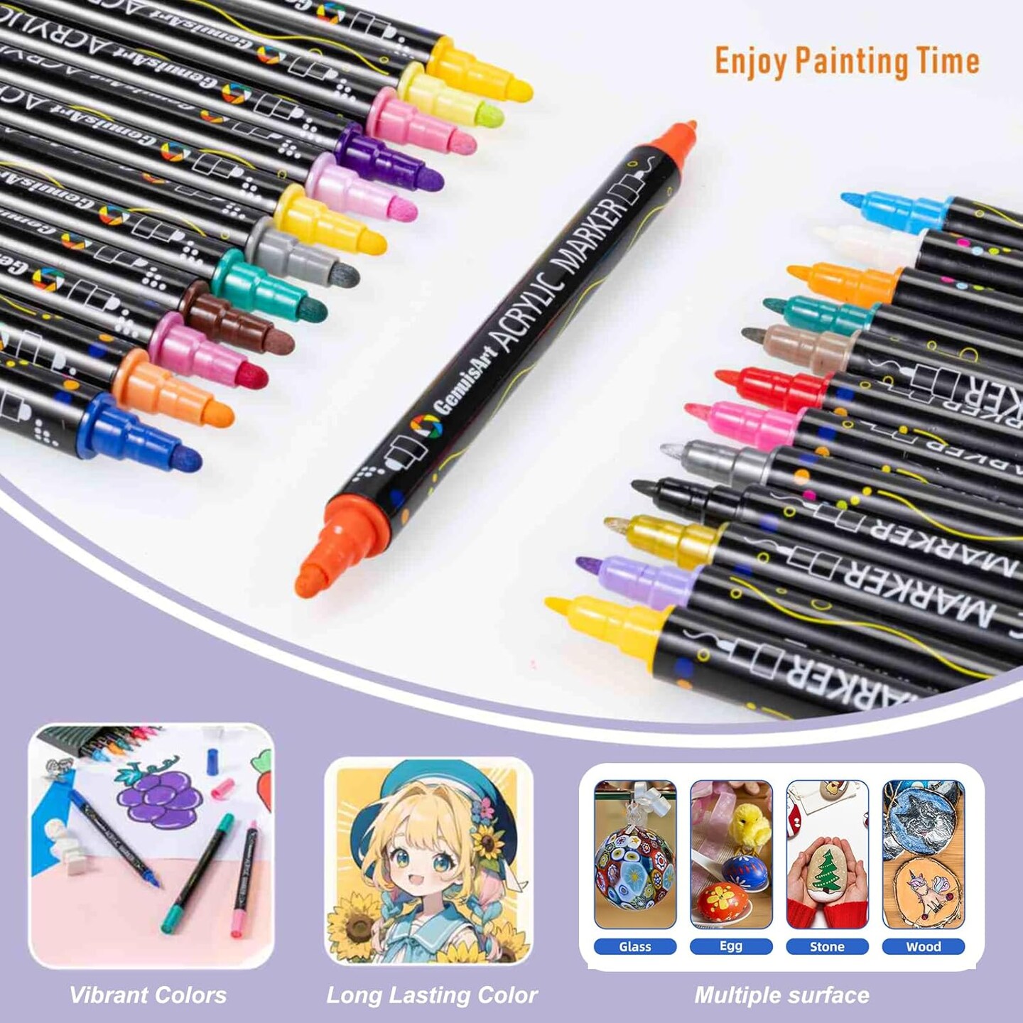 24 Colors Acrylic Paint Pens, Acrylic Paint Markers Dual Tip, with Dot Tip and Fine Tip, Acrylic Markers for Rock Painting, Wood, Canvas, Fabric, Paper, DIY Crafts Making Art Supplies