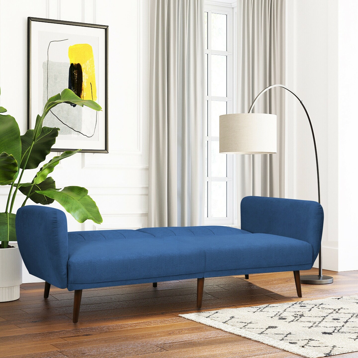 Convertible Futon Sofa Bed Adjustable Couch Sleeper with Wood Legs-Navy