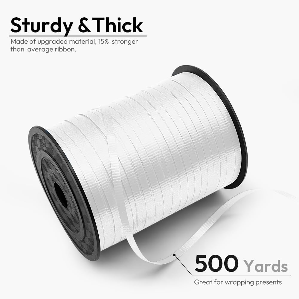 500-yard roll of crimped white curling ribbon (3/16") for gift wrapping, balloon tying, and decorative use, suitable for Christmas, Valentine’s Day, birthdays, weddings, festivals, crafts, and flower bouquets.
