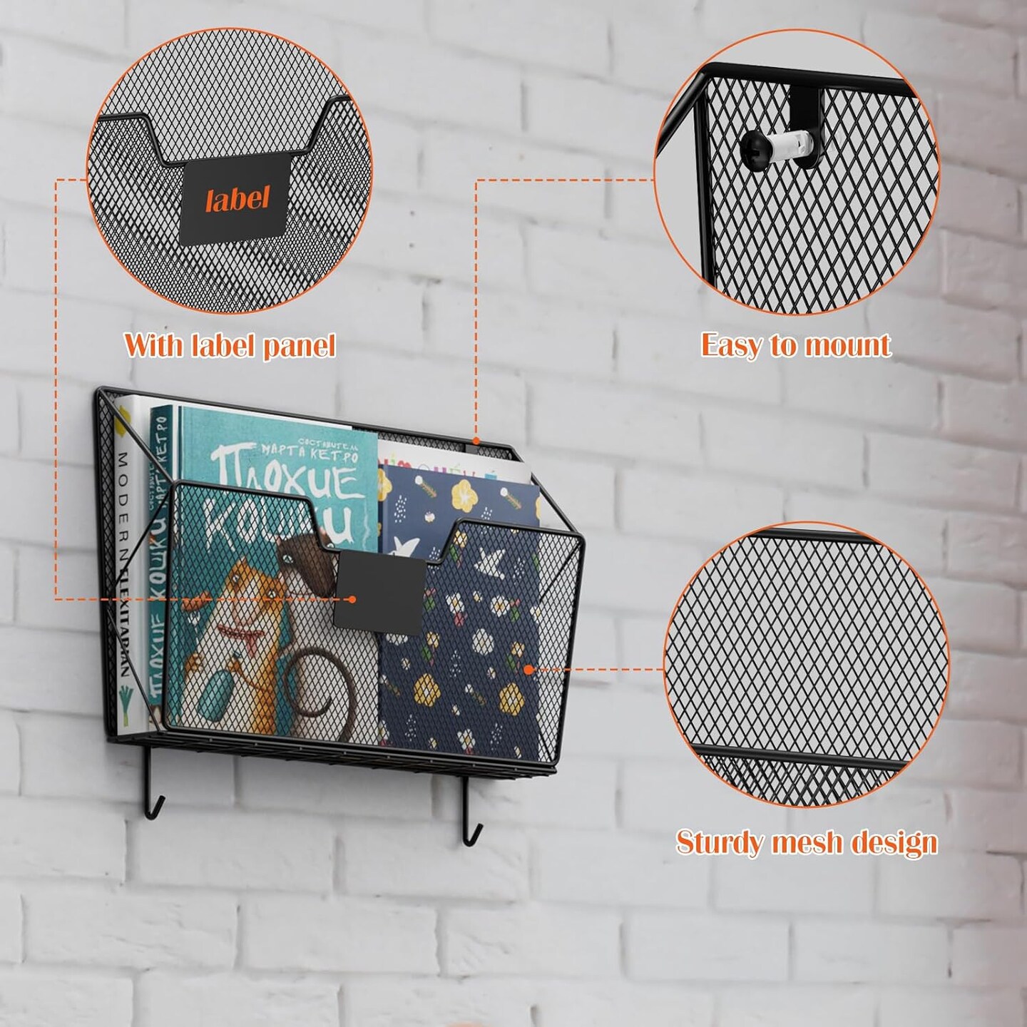 3-Pack Mesh Hanging Wall File Organizer with Hooks &#x2013; Metal Wall-Mounted Document &#x26; Mail Storage for Office, Home, Kitchen, Bathroom &#x2013; Black