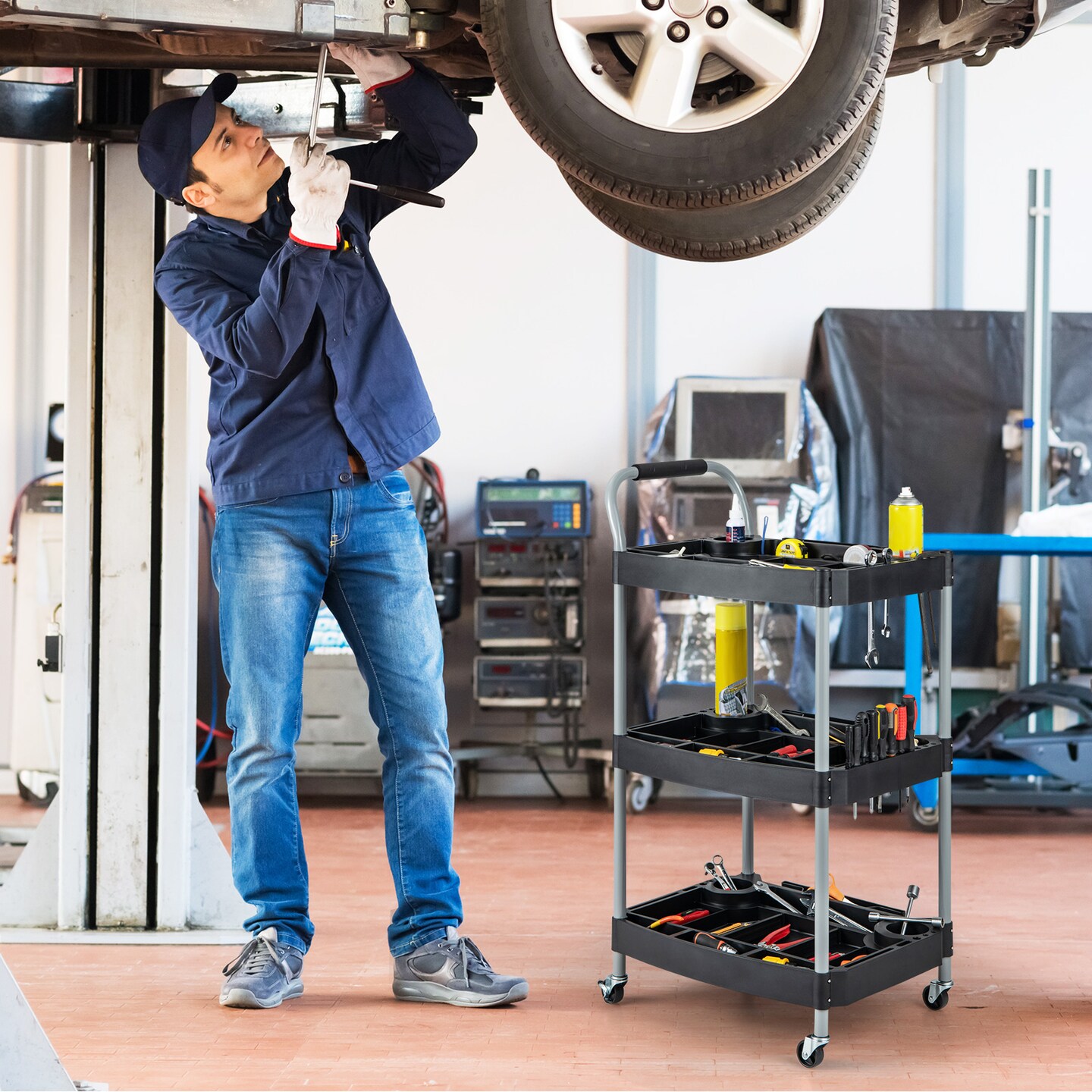 Black 3 Layer Detailing Tool Rolling Utility Cart with Multiple Divider and Bottle Holder
