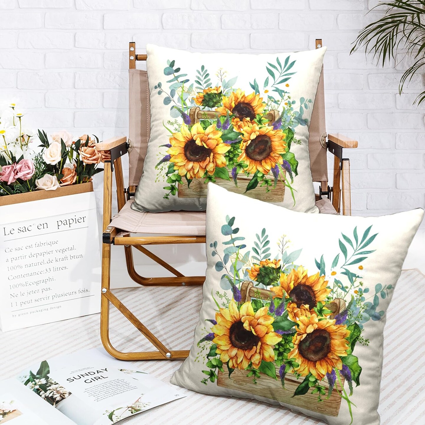 Sunflower Daisy with Purple Floral Throw Pillow Covers Spring Summer Flowers Pillow Case 22x22 Cotton Linen Square Farmhouse Cushion Case for Living Room