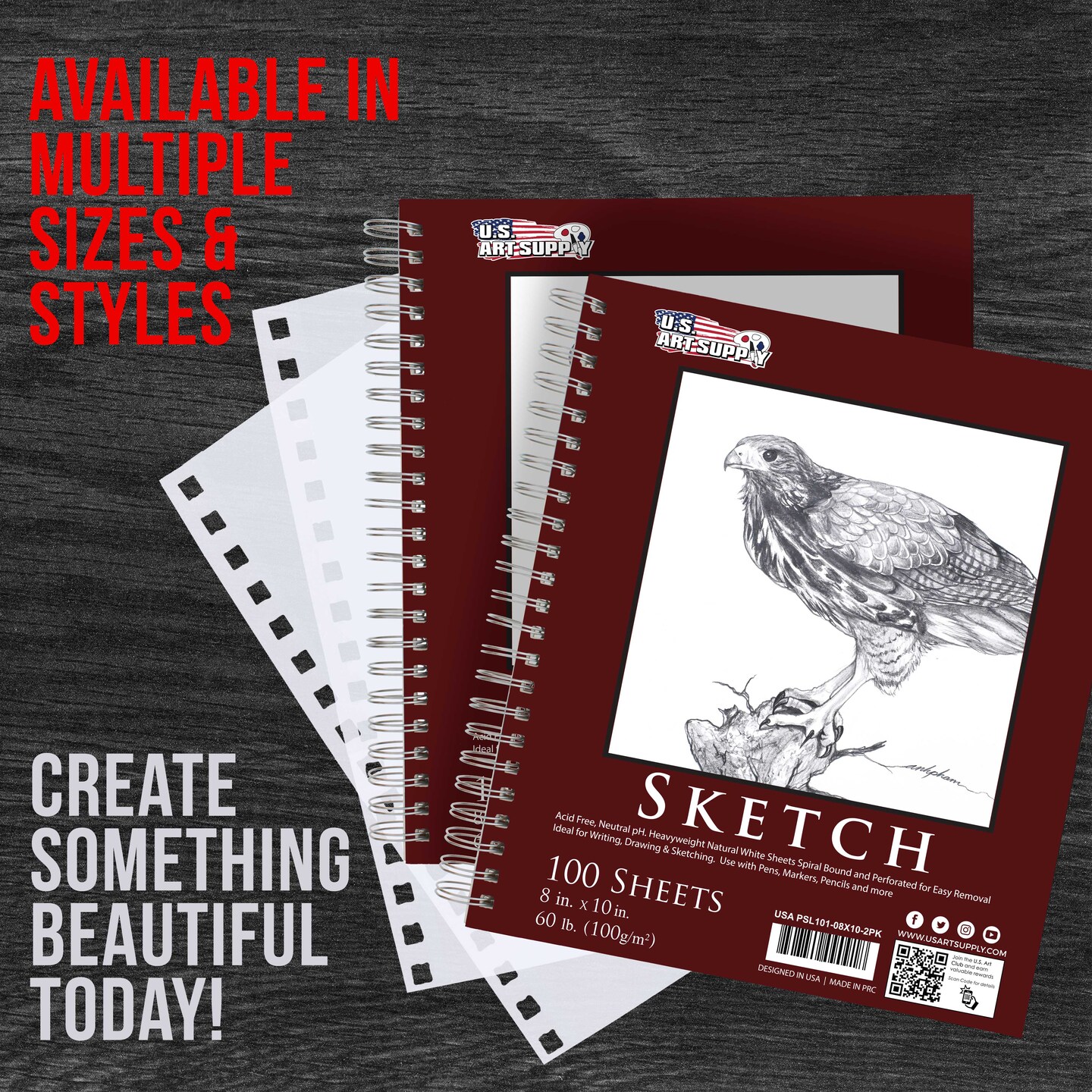 8&#x22;x10&#x22; Sketch Book Pad, 2 Pack (100 Sheets Each), 60lb (100gsm) Spiral Bound - Sketching, Drawing Pad, Acid-Free Paper - Sketch Pads For Adults, Students: Colored Pencils, Charcoal