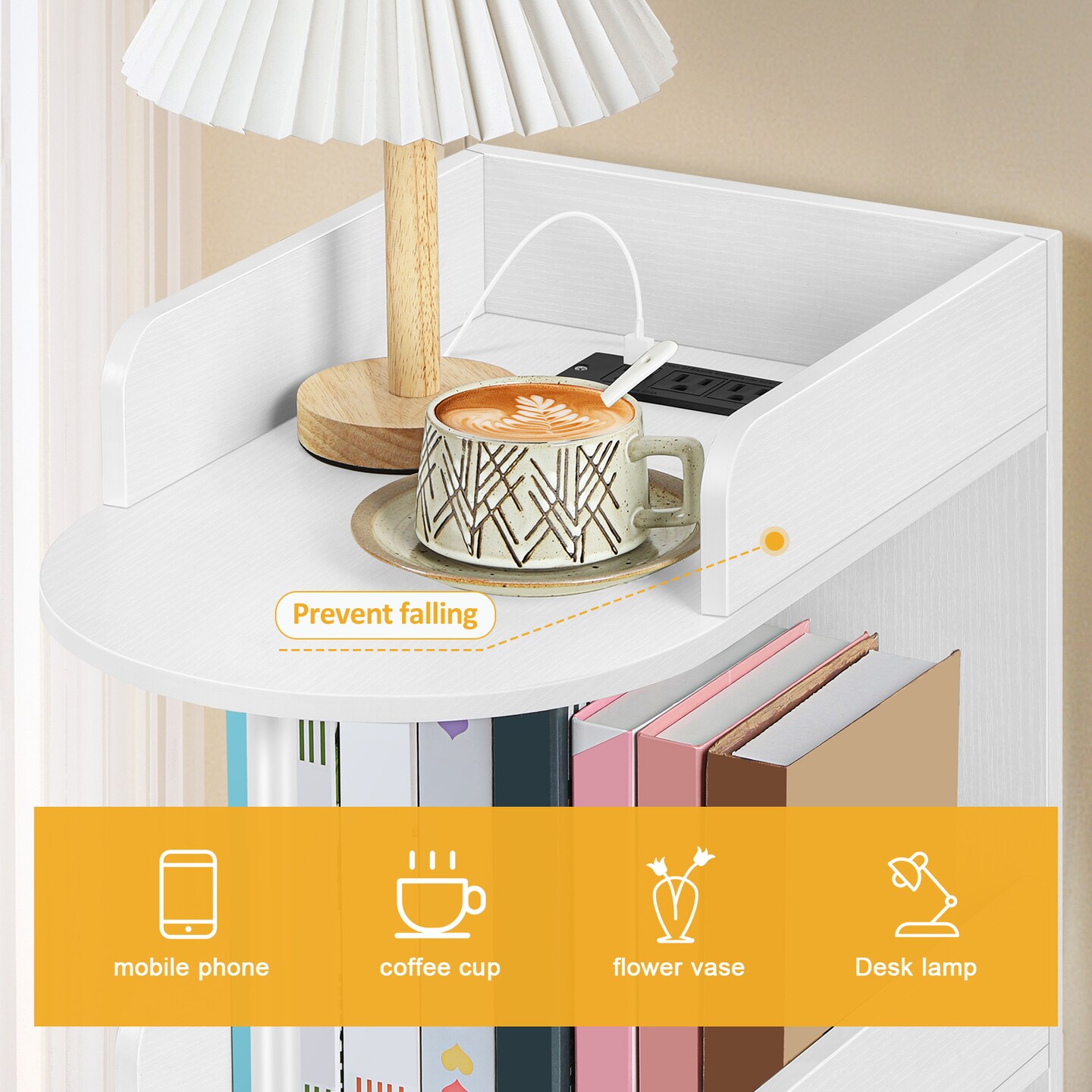 Compact 3-Tier Rolling Side Table with Built-In Charging Station - 2 USB Ports, Outlets, Edge Protection & Wheels for Bedroom, Living Room, Office, Small Spaces