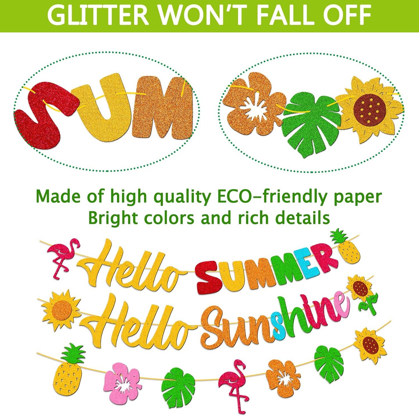 Hello Summer Hello Sunshine Banner for Summer Hawaiian Tropical Flamingo Pineapple Sunflower Beach Theme Holiday