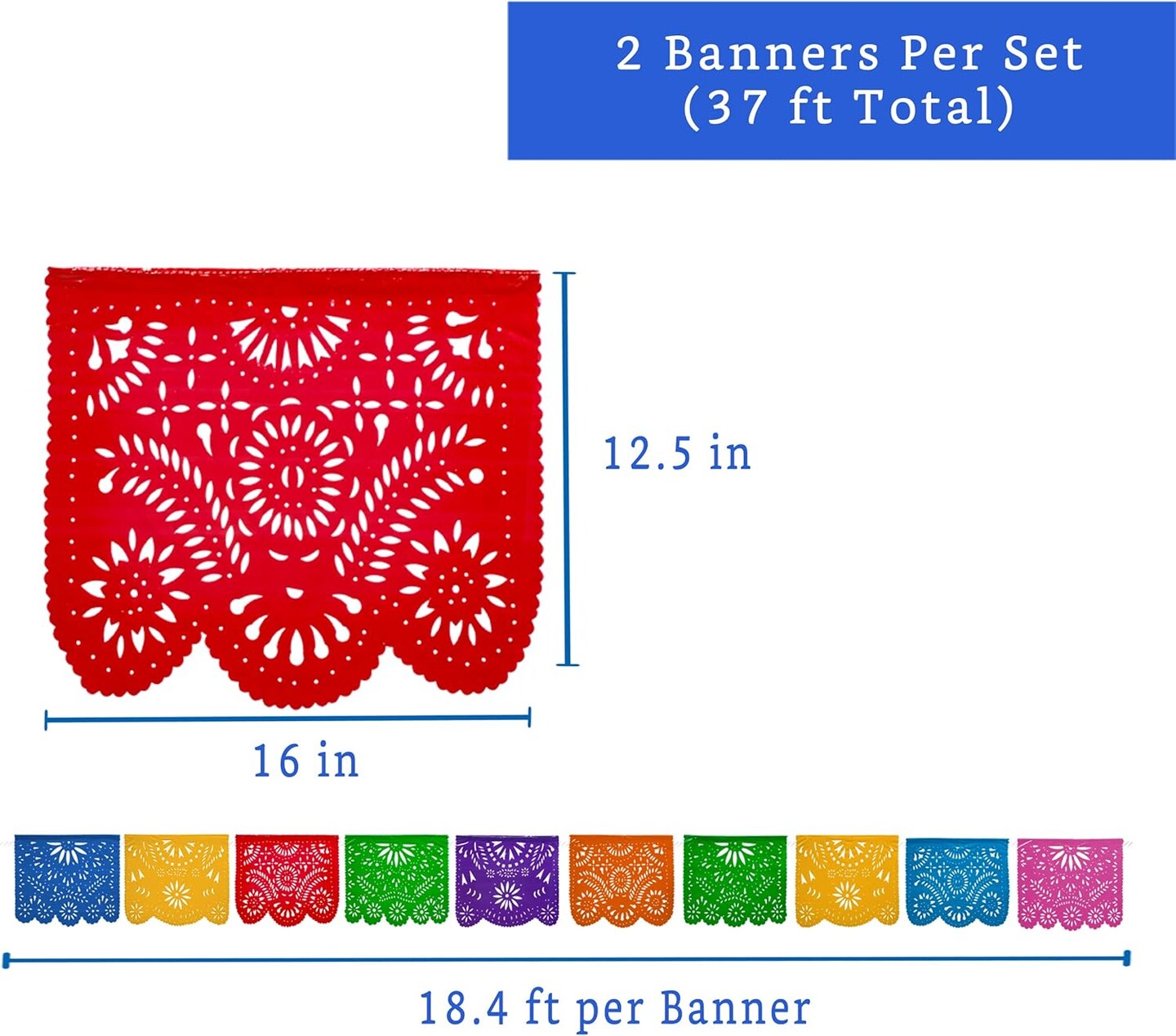 Mexican Party Banners (2 Pack with 10 Plastic Flags per Banner) - Papel Picado Mexicano Para Fiesta - Plastic Papel Picado - Fiesta Themed Party Decorations - Mexican Decor