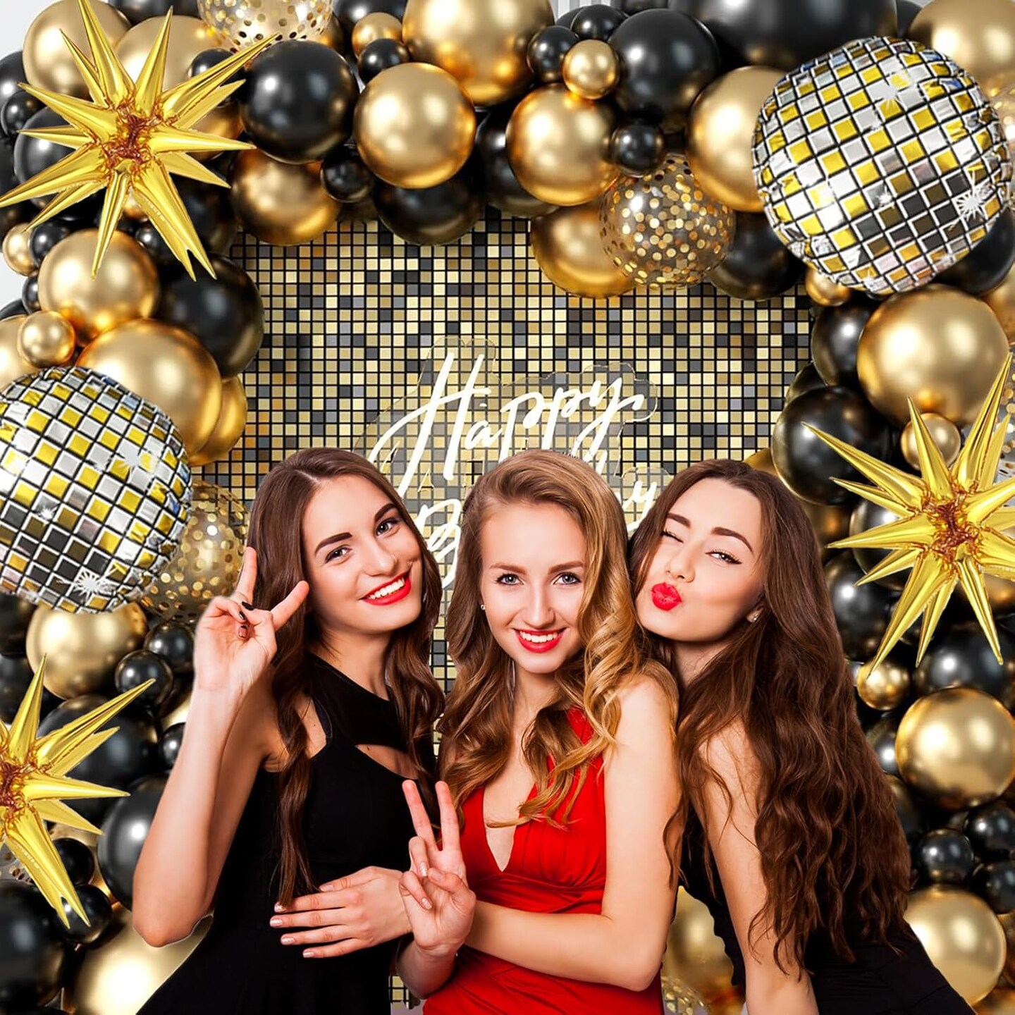 Black and Gold Balloon Garland Arch Kit with Gold Starburst Balloons Disco Ball Foil Balloons, Gold Confetti Latex Balloons for Graduation Anniversary Birthday Party Decorations