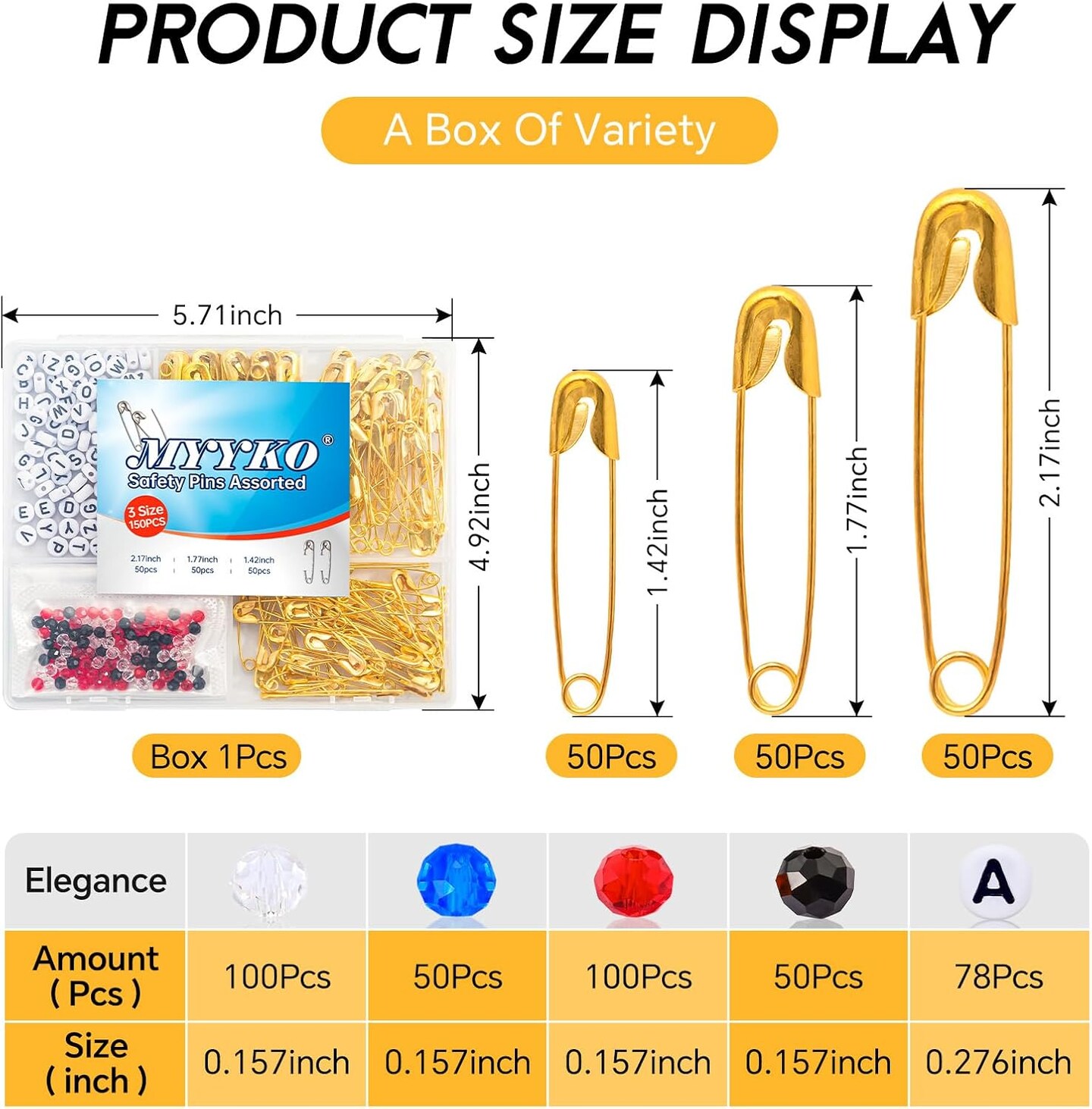150Pcs Gold Safety Pins 3 Different Sizes, a Total of 300pcs DIY Colored Beads and 78pcs Letter Beads