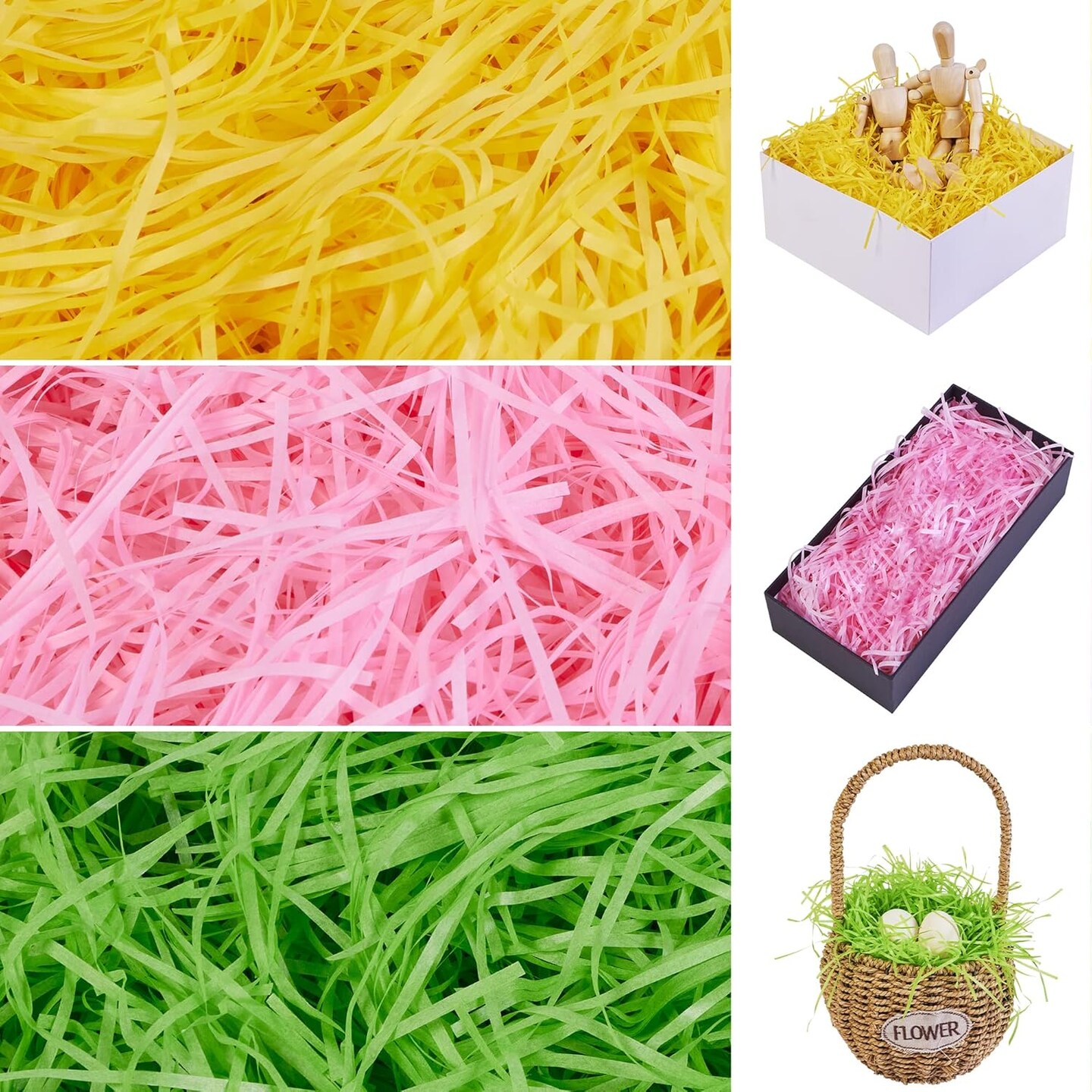 36 oz Easter Grass in Green, Pink, and Yellow for Baskets, Gift Wrapping, Egg Hunts, and Party Favors.