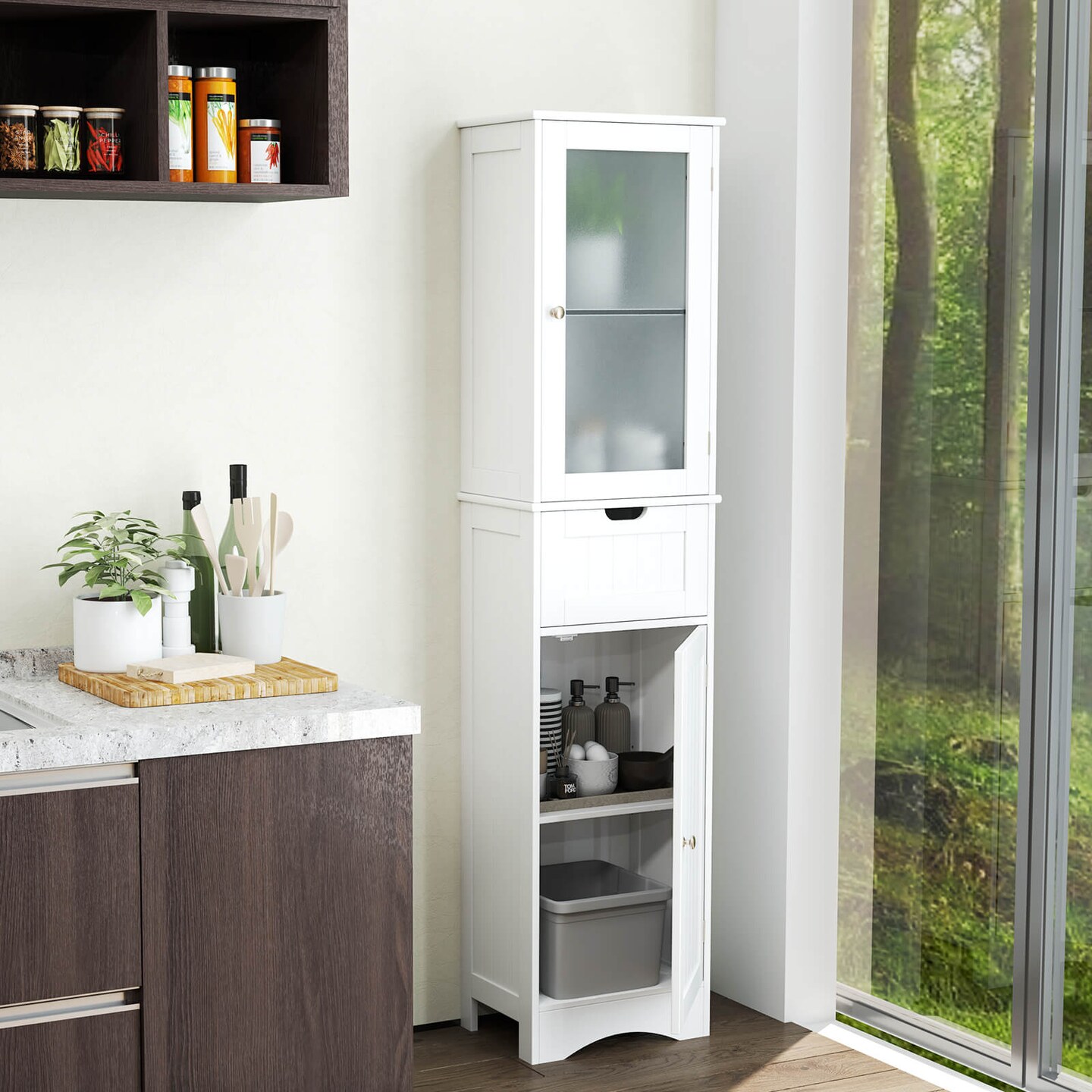 Costway Bathroom Tall Cabinet Freestanding Linen Tower with Doors &#x26; Drawer Black/Grey/White