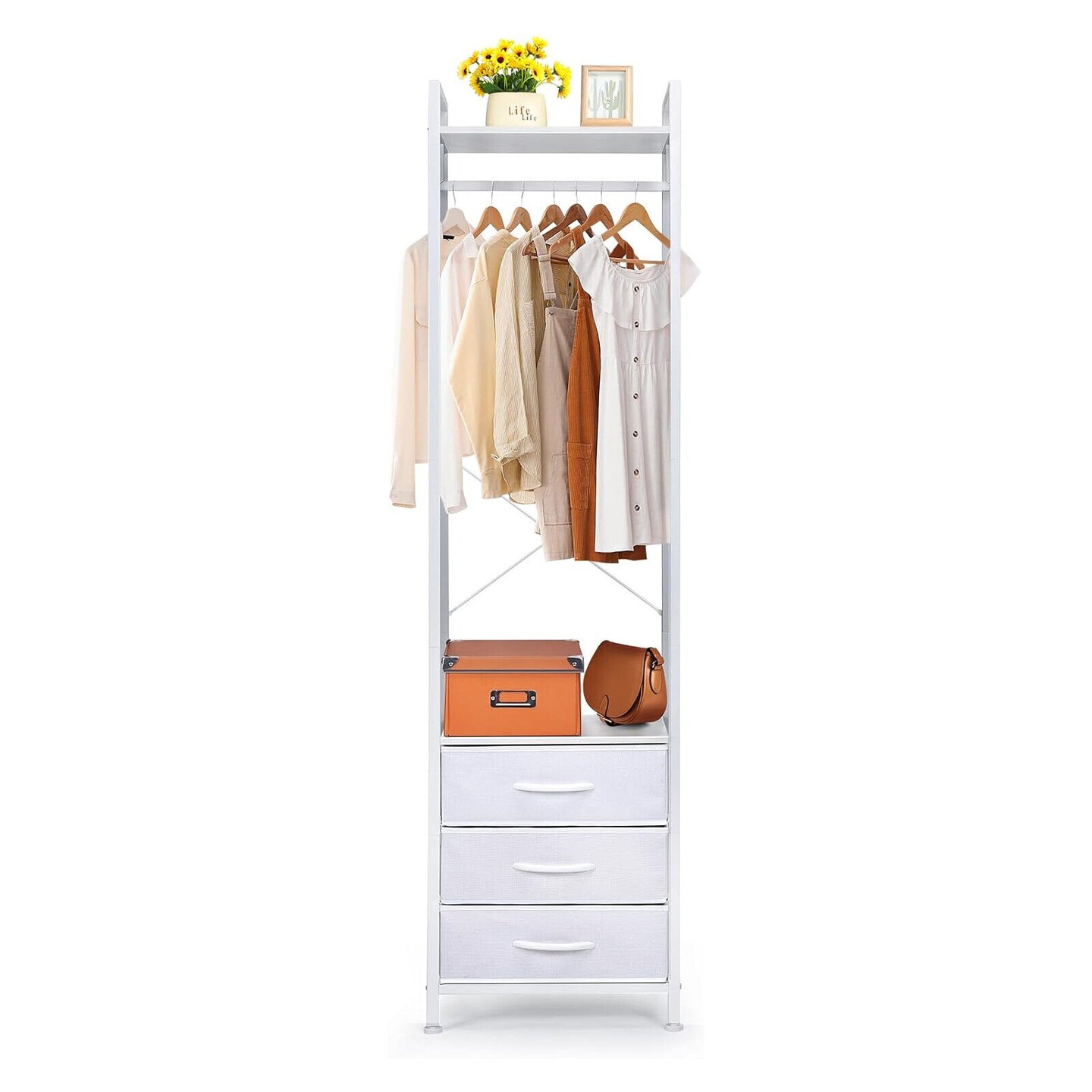 White Heavy Duty Garment Rack with 3 Drawers | Space-Saving Clothing Organizer for Small Spaces | Modern Industrial Wardrobe with X-Brace Stability