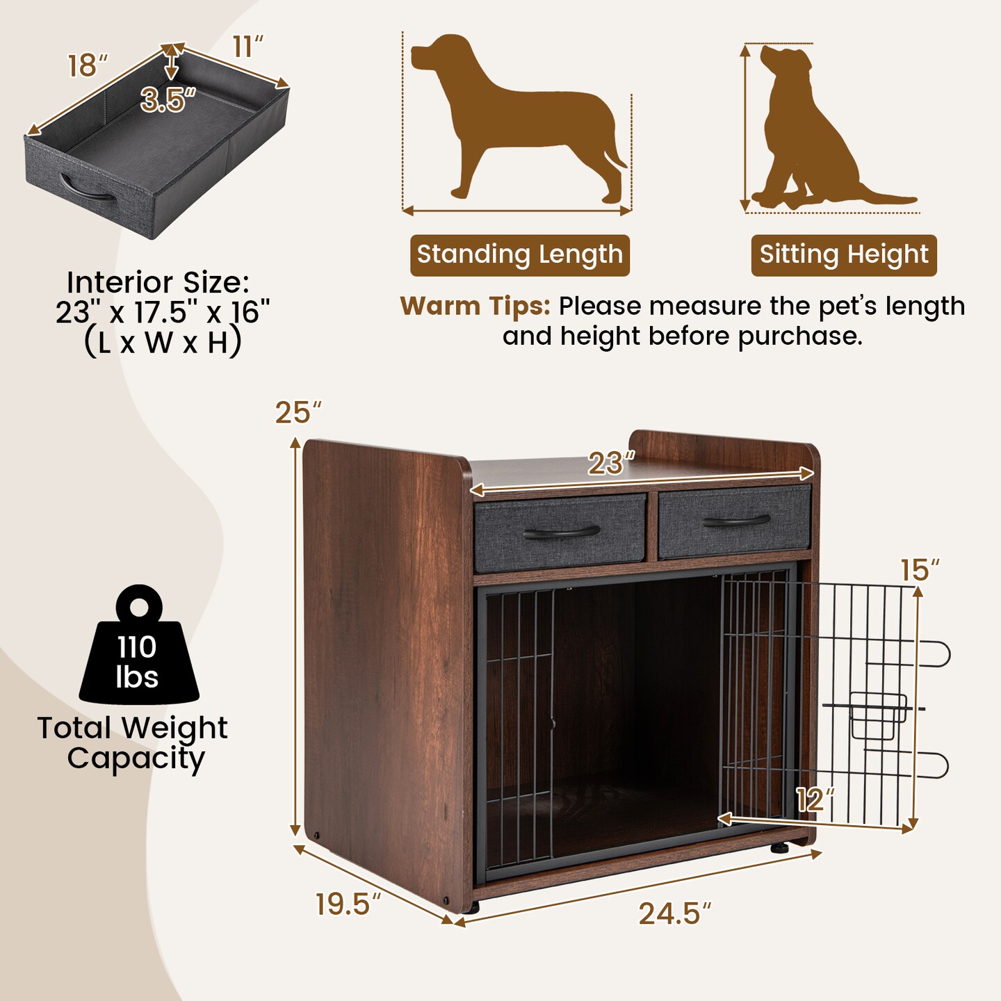 Brown Dog Crate Cage End Table with 2 Fabric Drawers Ideal for Small or Medium Pets