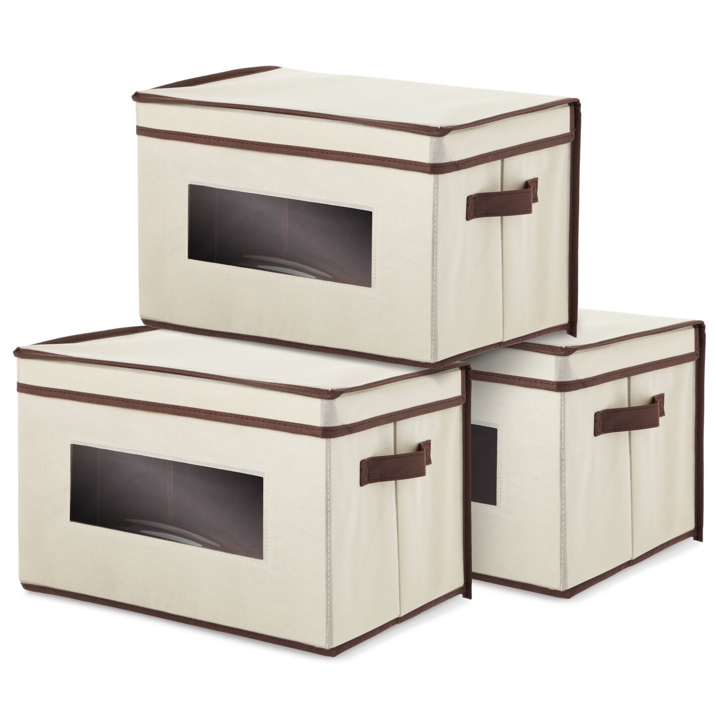 3 Pack Stackable Storage Bins With Lids, Handles, Foldable for Closet Organization (12 Inch, Cream)
