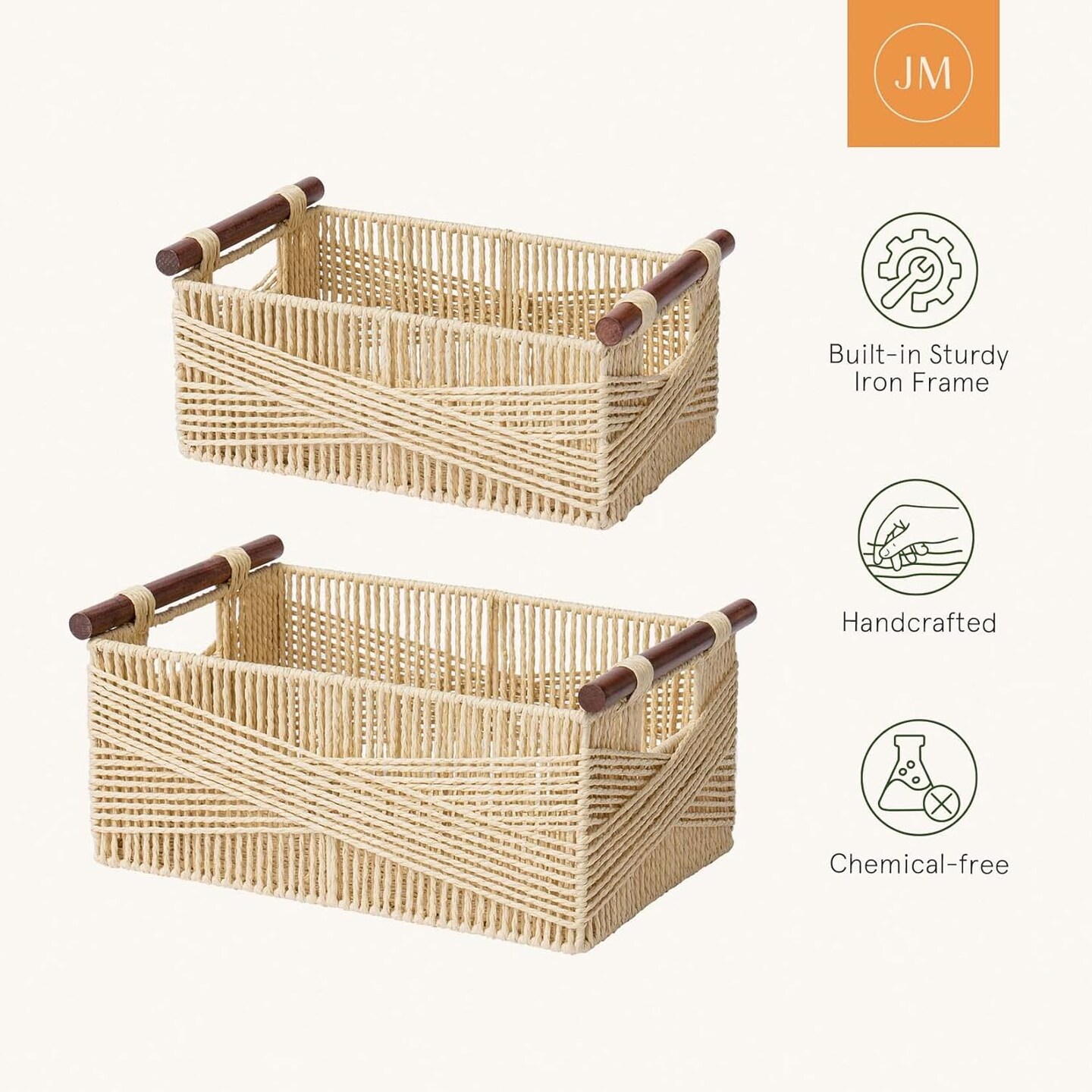 Summer Storage Baskets for Organizing, Recyclable Paper Rope Basket with Wood Handles, Decorative Hand Woven Basket Organizers for Makeup Books Shelves Living Room, Beige, Set of 2