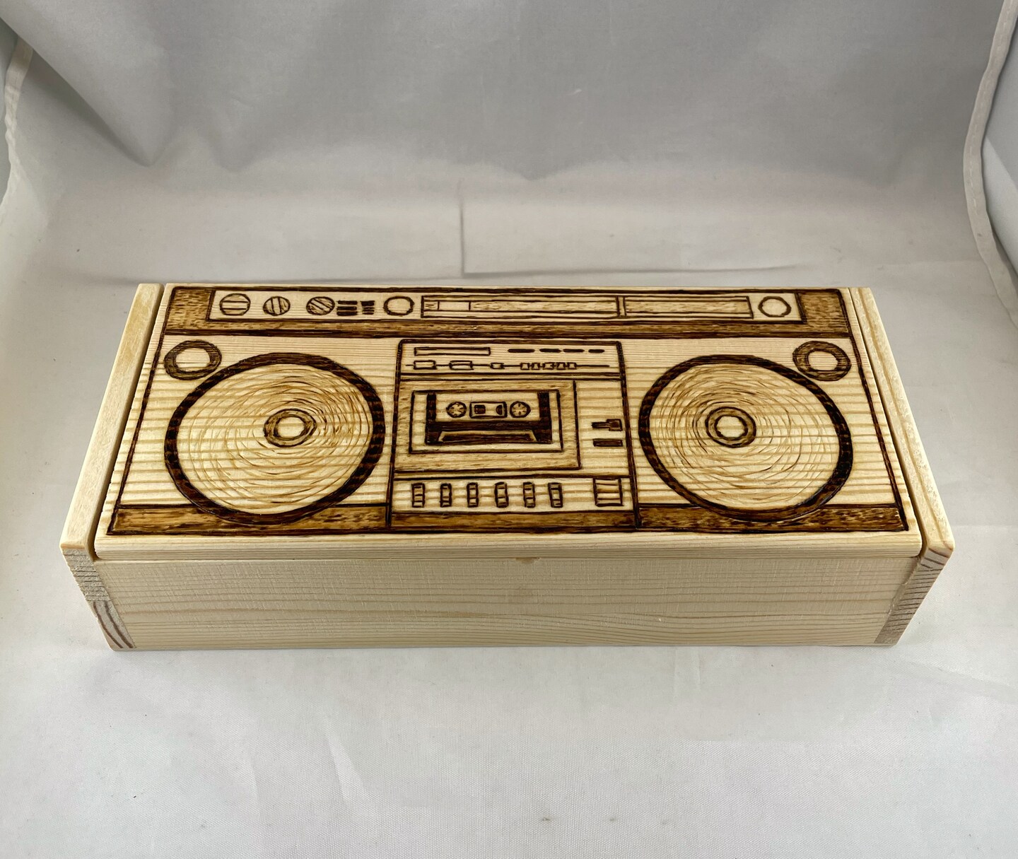 Vintage Boombox Wood Burned Large Pencil Box, Pyrography, Hinge
