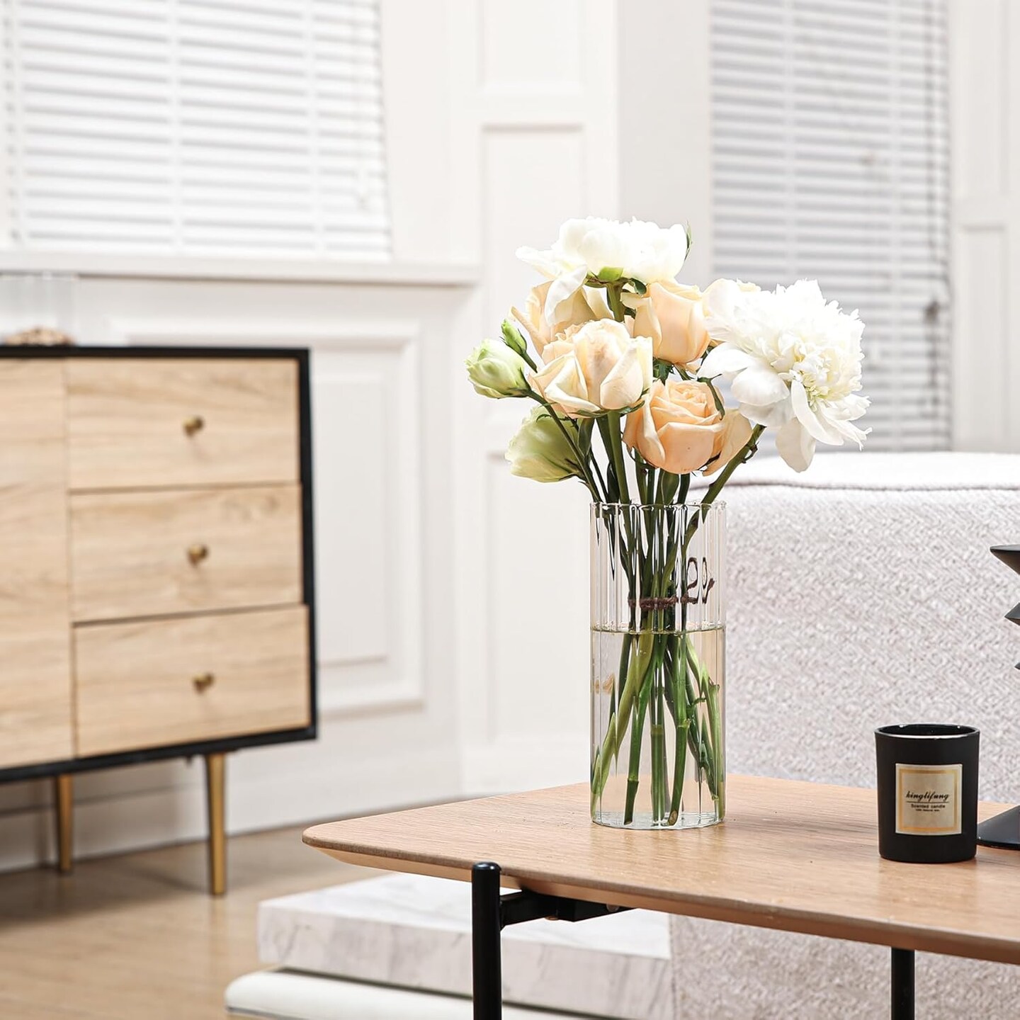 Glass Cylinder Vases, Bud Vase for Centerpieces, 8 Inch Tall Ribbed Vase Hurricane Floating Candle Holder, Decorative Flower Vases for Wedding Reception, Home Decor, Housewarming Gift (Clear)