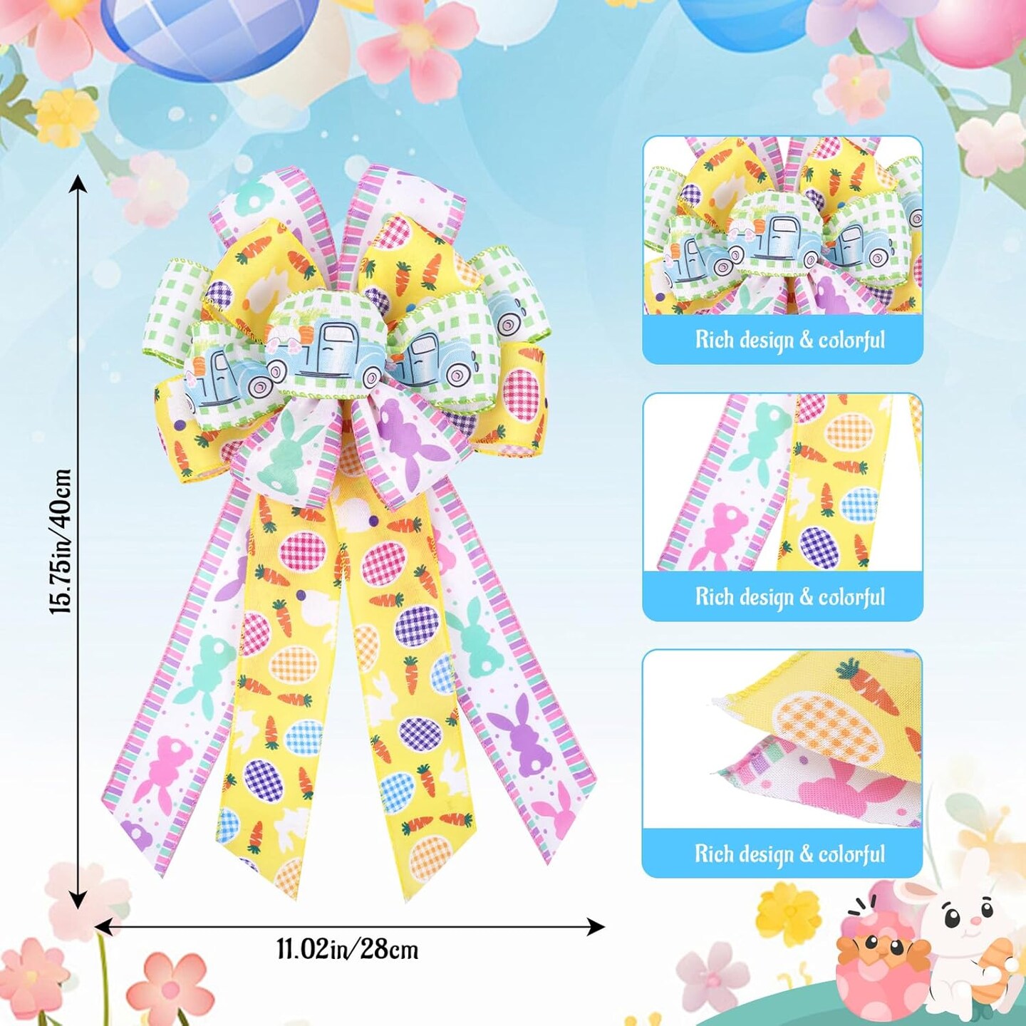 Easter Bows for Wreaths, Large Easter Basket Bow Decorations with Bunny Colorful Eggs, Yellow Green Burlap Bow for Front Door, Indoor, Outdoor Decora