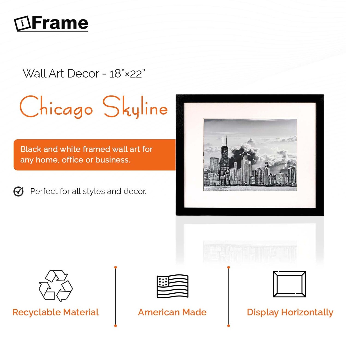 iFrame 18&#x201D; x 22&#x201D; Black Framed Chicago City Print Framed Art Work For Wall Decor With Photo Mat | Chi Town Skyline Wall Art | Black And White Picture Wall Art Decor
