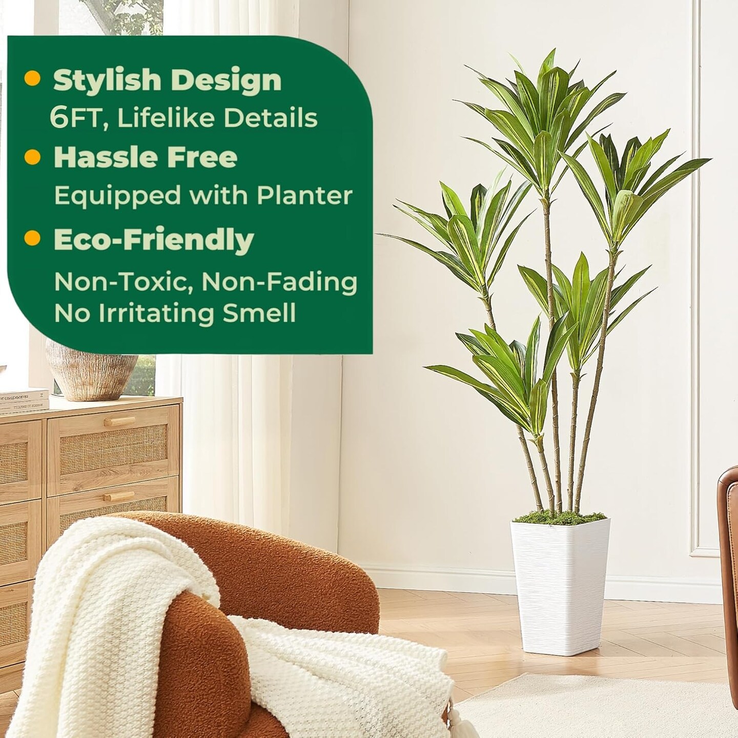 6FT Artificial Dracaena Silk Tree with White Planter - Real Touch Fake Plant for Home &#x26; Office Decor, Faux Yucca Indoor Floor Tree