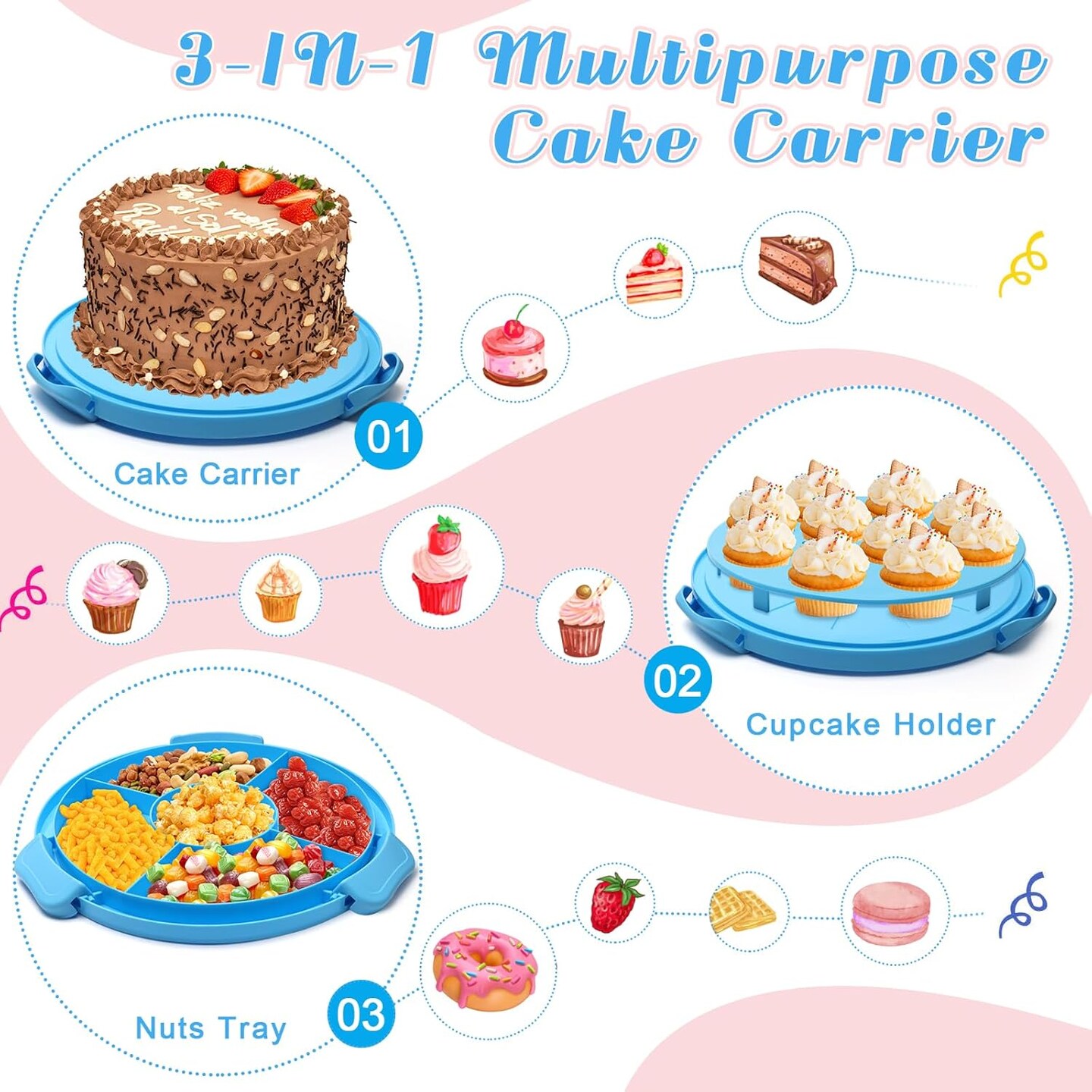 Cake Carrier with Lid and Handle 11inch Round Cake Carrier Portable Cake Stand Plastic Pie Carrier Cake Storage Container for Transport Cakes, Pies (Blue)