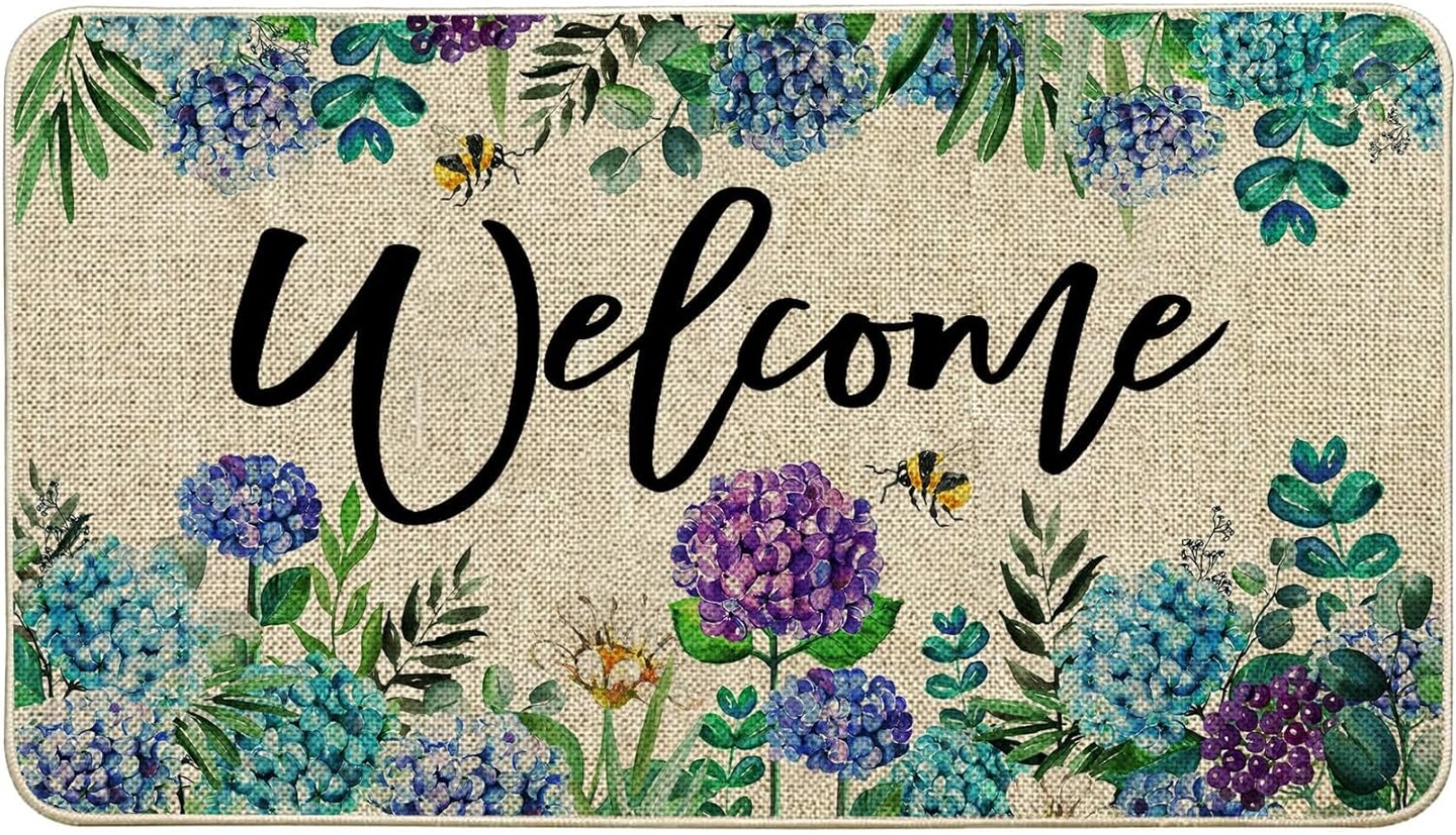 Spring Summer Hydrangea Doormat Outdoor Rug Purple Blue Flower Floral Front Welcome Decorative Door Mat Anti-Slip Rubber for Seasonal Kitchen Entrance Indoor Floor Decoration 17 x 29 Inch