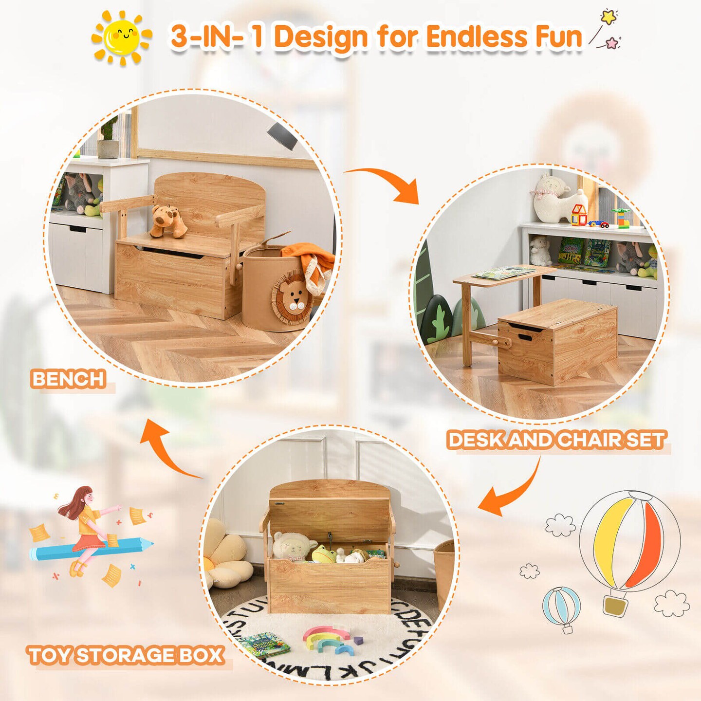 MDF 3-in-1 Kids Chair Desk Set with Storage Toy Box