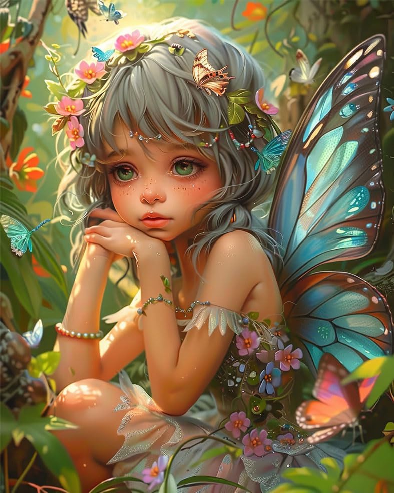 Butterfly Fairy in The Forest Paint by Number for Adults Beginner Girl with Flower Butterfly Pictures Paint by Numbers Digital Oil Artwork Butterfly Girl Painting by Number Without Frame 16x20 Inch
