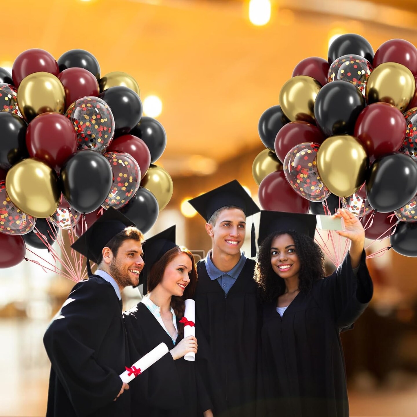 60pcs 12inch Black Burgundy and Gold Balloons, with Gold Red Black Confetti Balloons for Maroon Themed Birthday Baby Shower Graduation Party Decorations