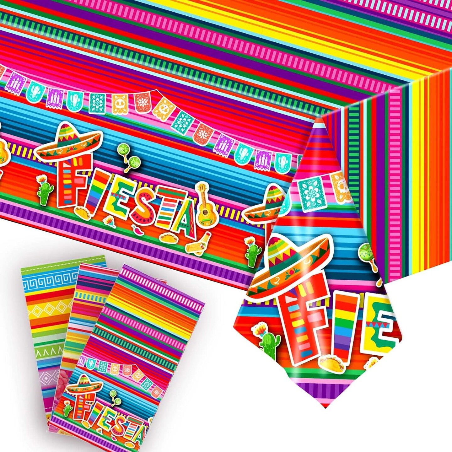 3-Pack Mexican Fiesta Disposable Tablecloths, 108×54 in, Floral Stripes