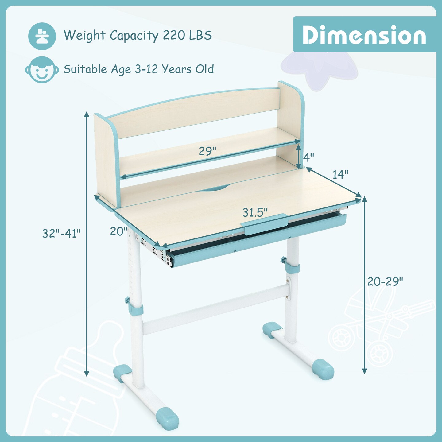 Adjustable Kids Study Desk, Tiltable and Height-Adjustable with Storage