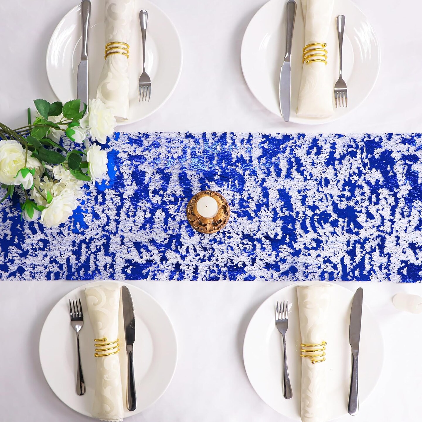 2 Pieces Royal Blue Table Runner, Sequin Glitter Foil Metallic Thin Mesh Runner Roll 11&#x22;x108&#x22; Blue Table Decorations for Wedding Birthday Party Christmas Graduations