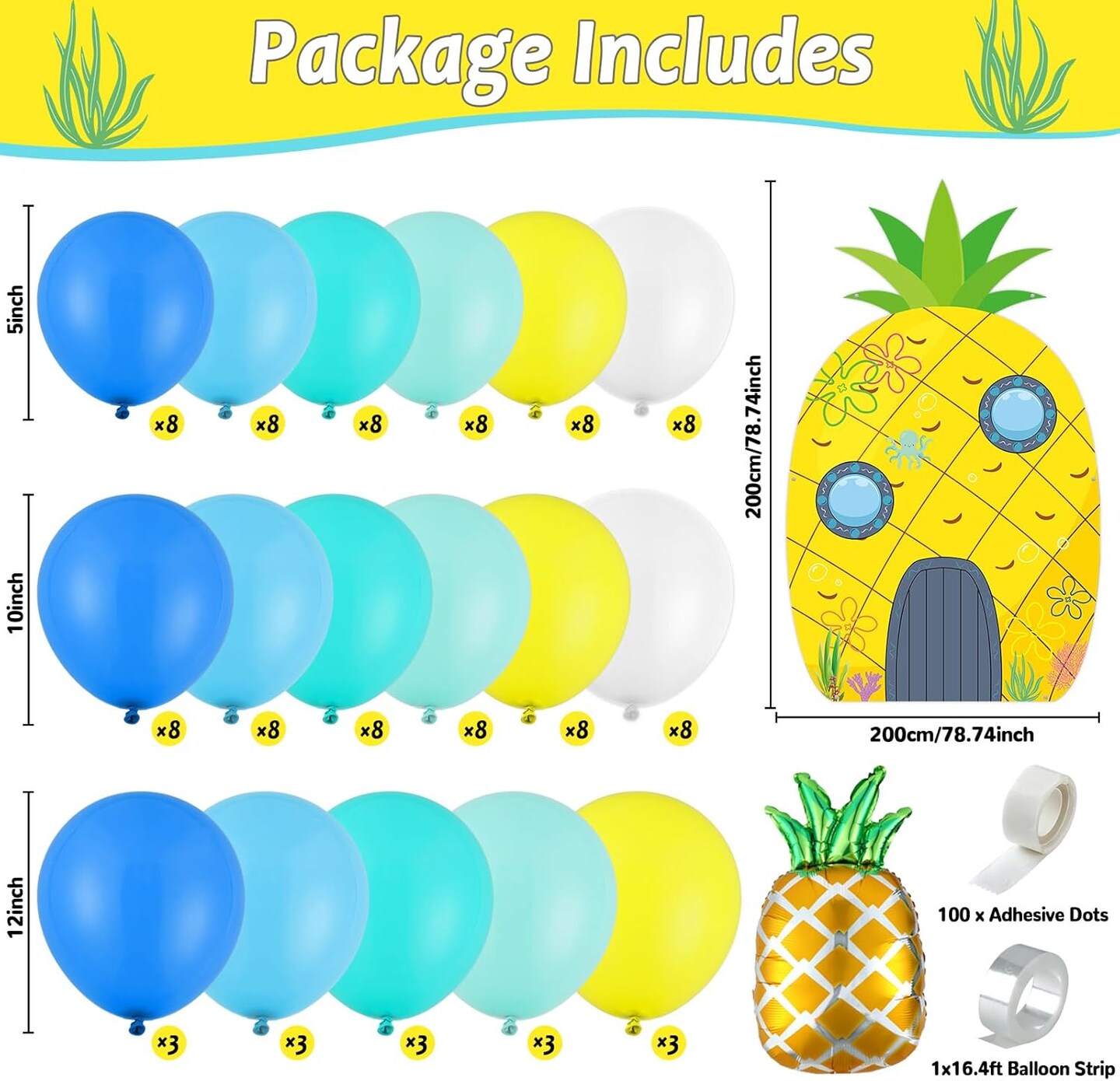 114Pcs Yellow Cartoon Party Decorations Yellow and Blue Balloon Garland Arch Kit Ocean Sea Pineapple Party Backdrop House Photo Prop Booth Frame Set for Baby Shower Birthday Party Supplies