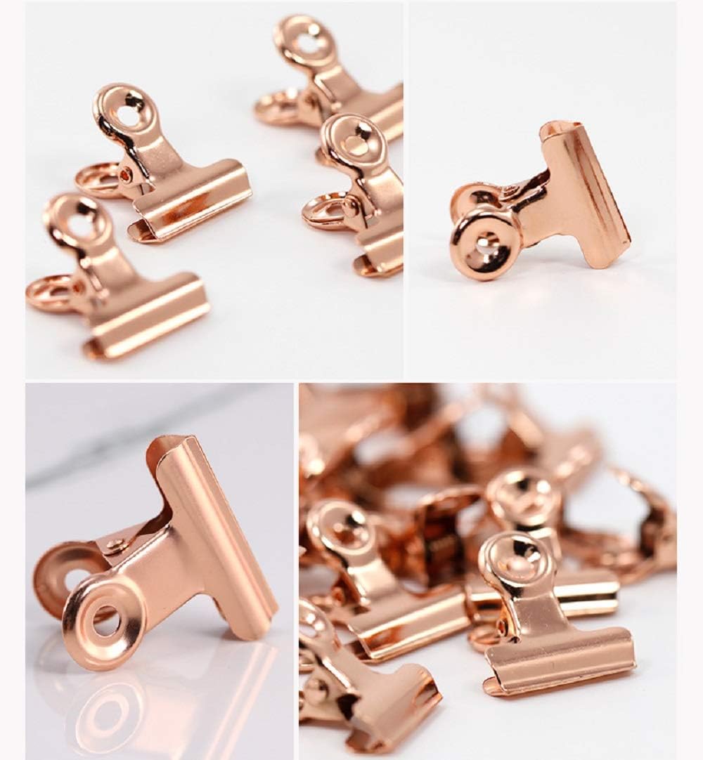 20 Pack Metal Clips with 20 Push-pins for Corkboard,Bulldog Clips for Hanging Pictures,Small Hinge Clips for Photos Crafts,Mini Binder Clips Paper File Clamps(1.25 Inch,Rose Gold)