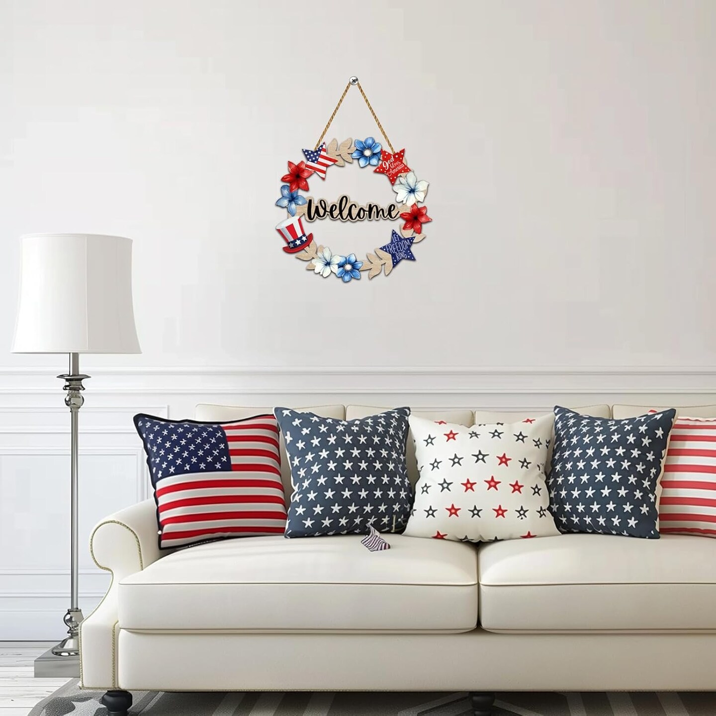 4th of July Decorations 4th of July Wreaths for Front Door Patriotic Wreath Fourth Wall Decor Memorial Day Wooden Welcome Sign Hanging Decor for Porch Wall Indoor Home Decor
