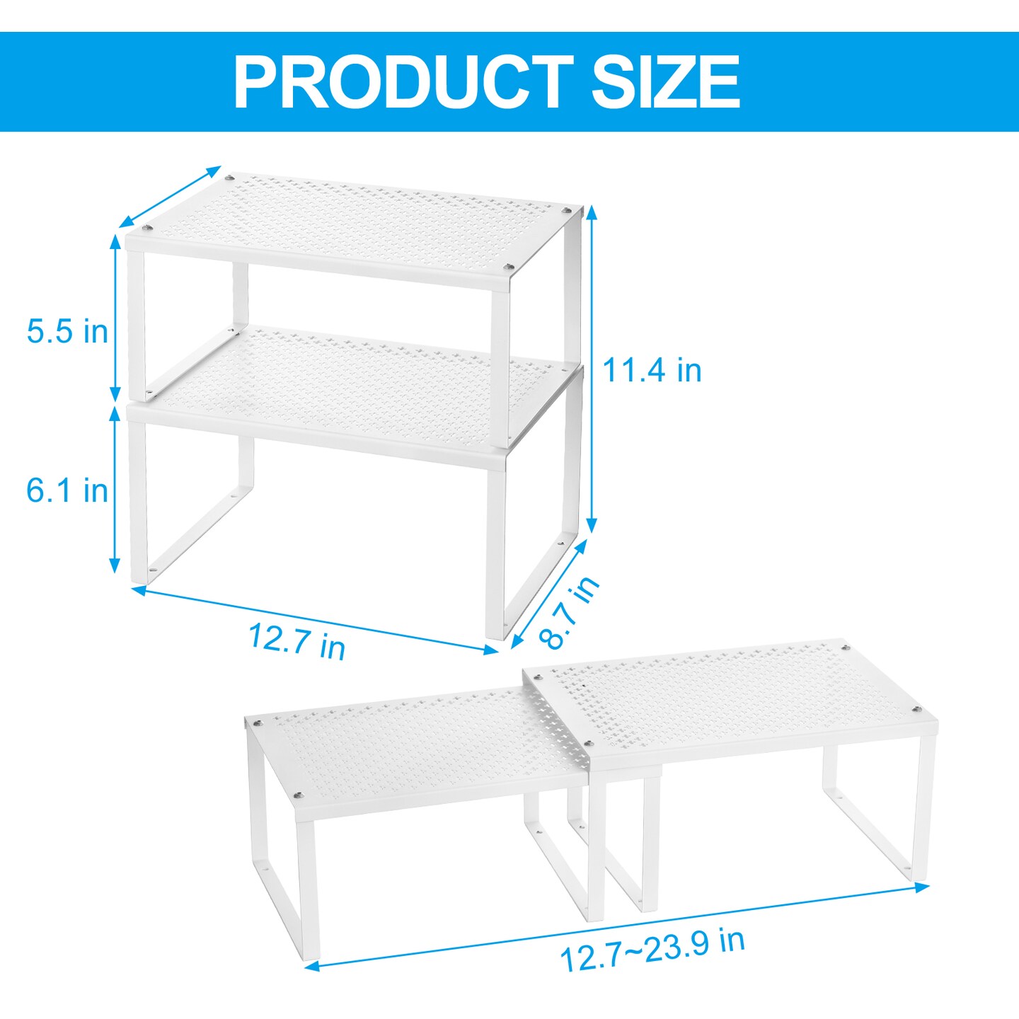 2-Pack Expandable &#x26; Stackable Kitchen Shelf Organizers &#x2013; Heavy-Duty Metal Cabinet &#x26; Countertop Storage for Plates, Cups, Cans (12.7-23.9&#x201D; Adjustable)
