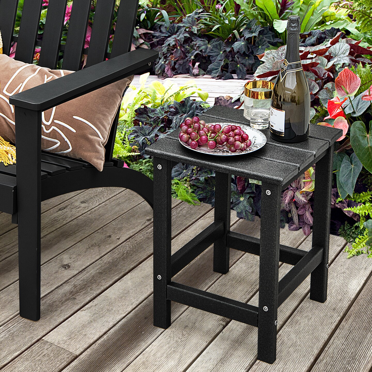 Set of 2 Small Square Patio Side Table in Black All-Weather HDPE Table for Garden or Backyard Use
