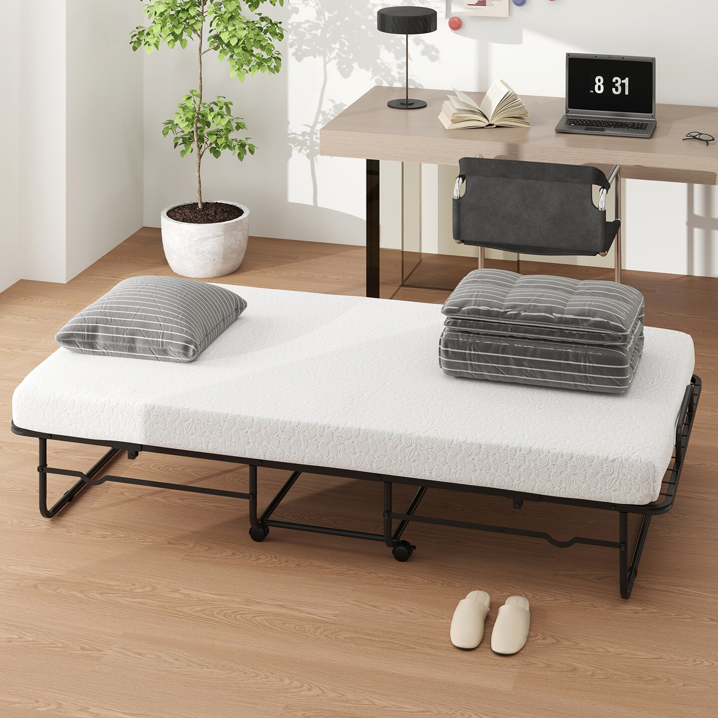 White Memory Foam Mattress Folding Bed with Black Metal Frame and Casters