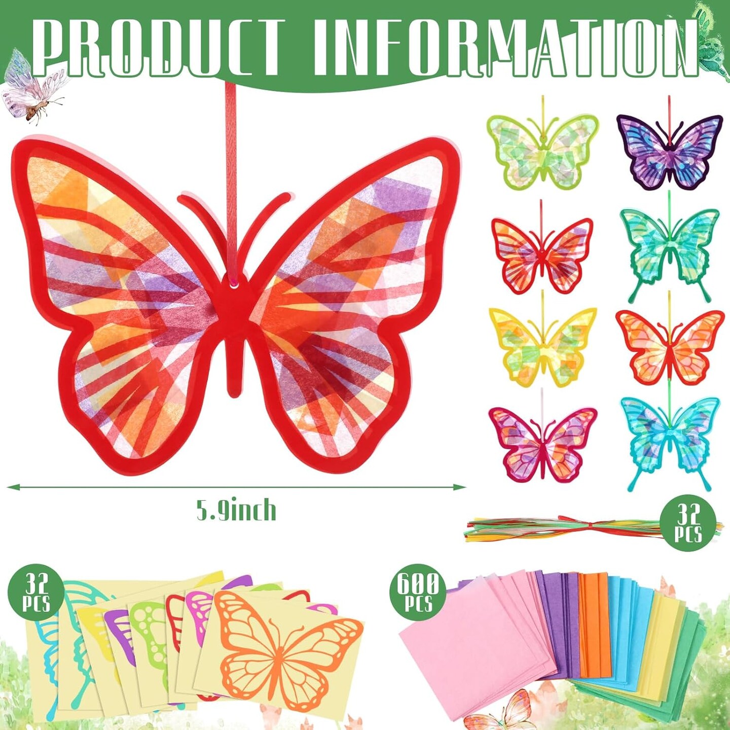 32 Pcs Butterfly Suncatchers Paper Craft Set DIY Butterfly Shaped Stained Glass Effect Tissue Paper Kits Bulk for Window Classroom Activities Art Summer Party Decorations Favors Gift