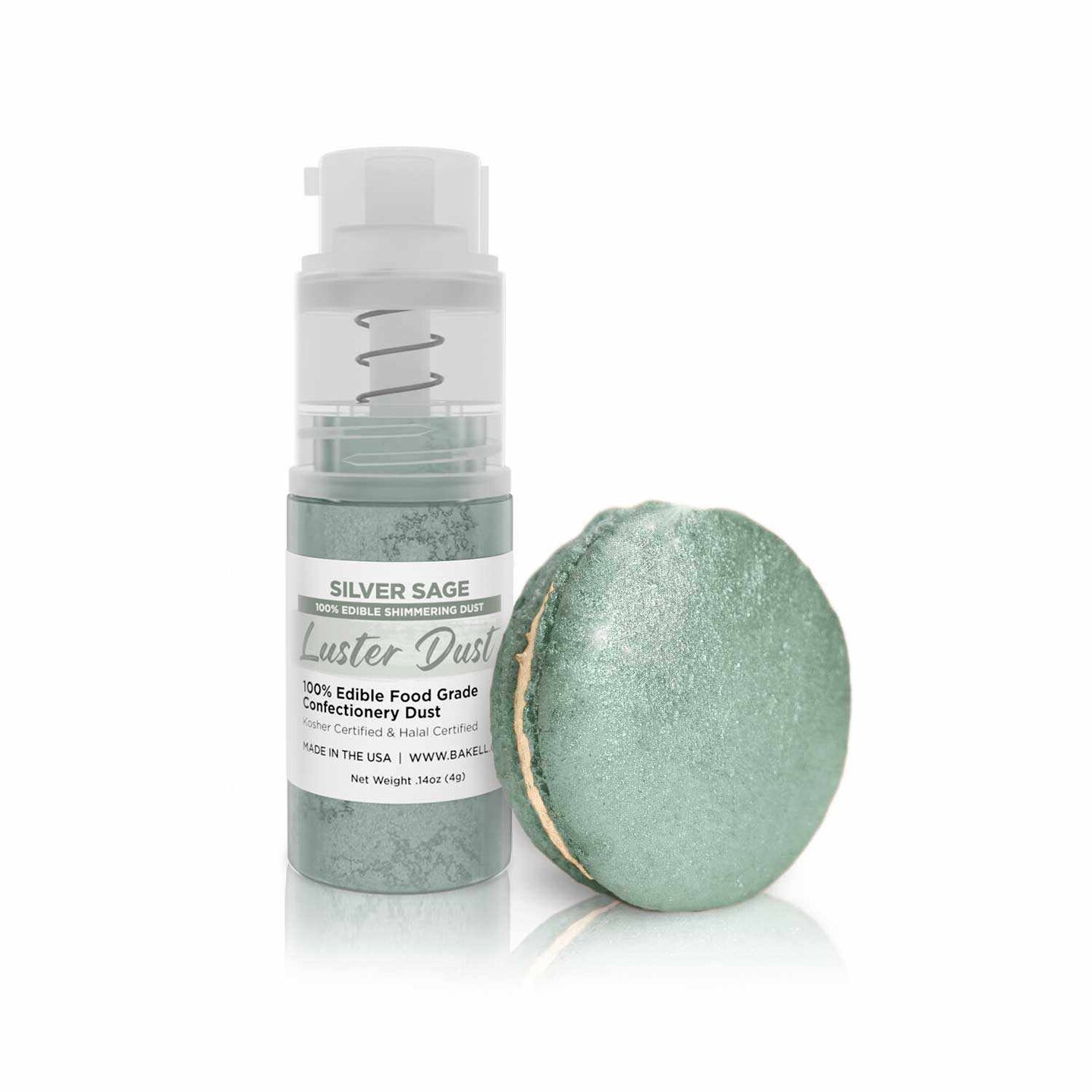 Bakell - Silver Sage Luster Dust (4g, 1x Pump) Edible Vegan Dust &#x26; Paint for Decorating Desserts and Beverages