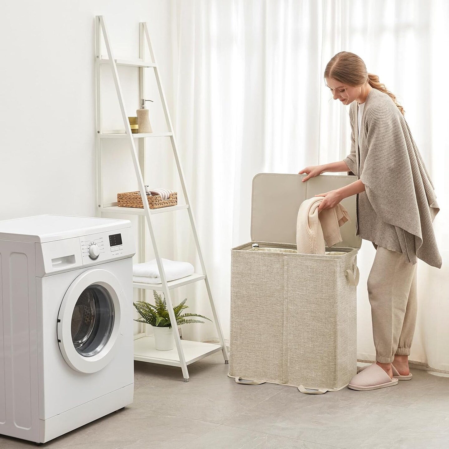 Double Laundry Hamper with Lid and Removable Laundry Bags, Large Collapsible 2 Dividers Dirty Clothes Basket with Handles